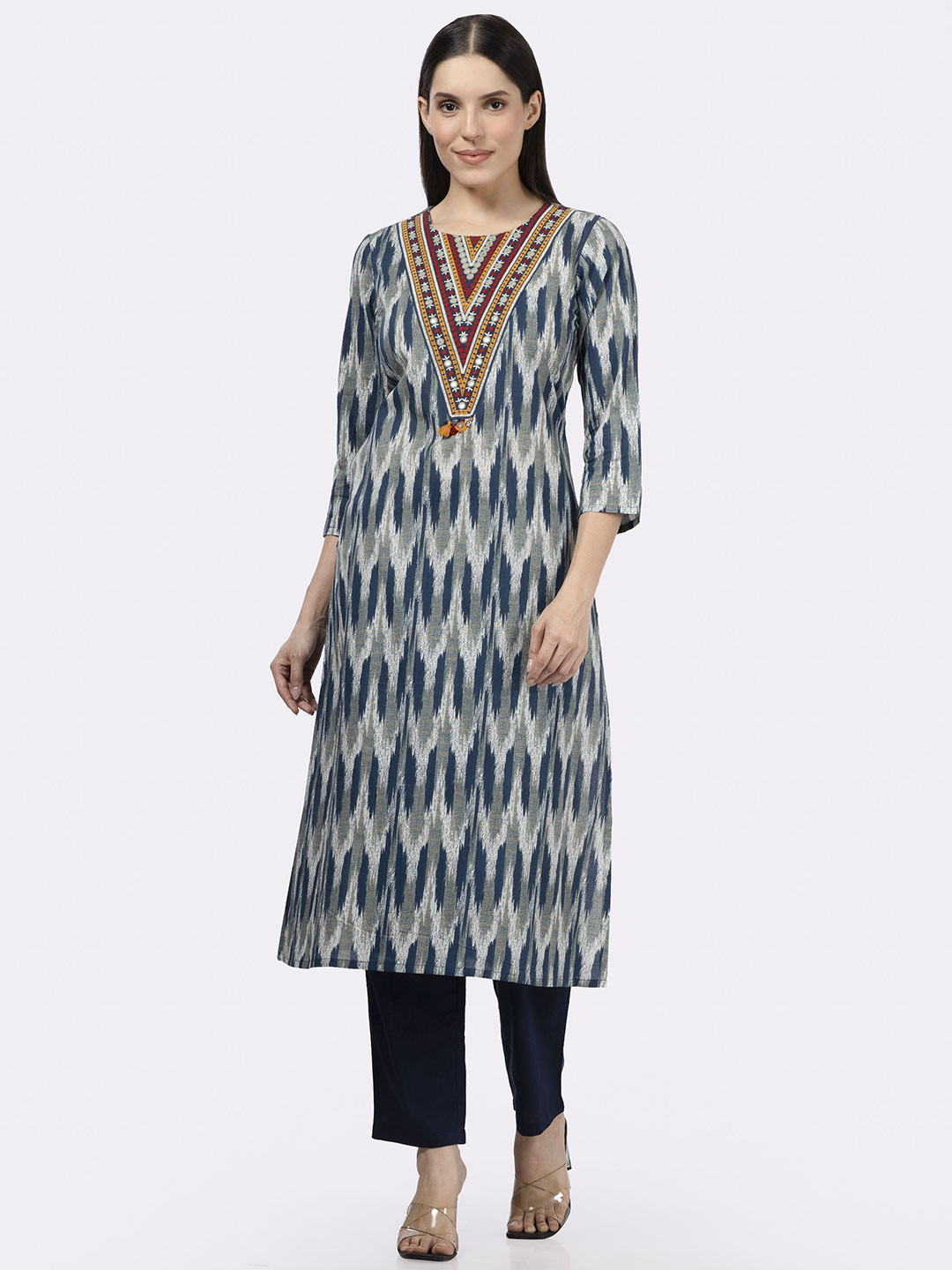 Saffron Threads Women Abstract Printed Ikat Daily Cotton A-Line Kurta
