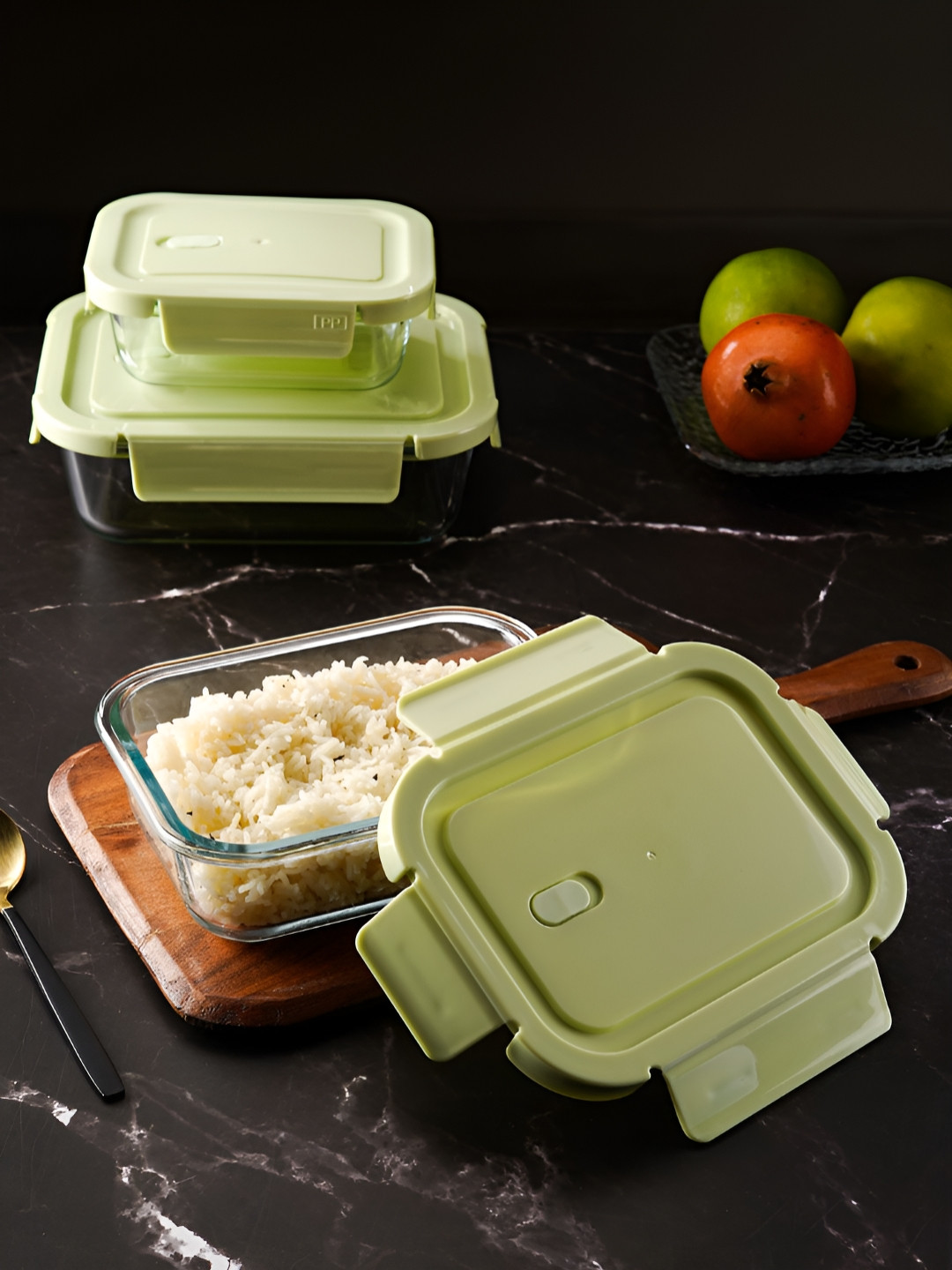 ceradeco With 3 Different Size Glass 3PC Lunch Box With Spoon & Fork