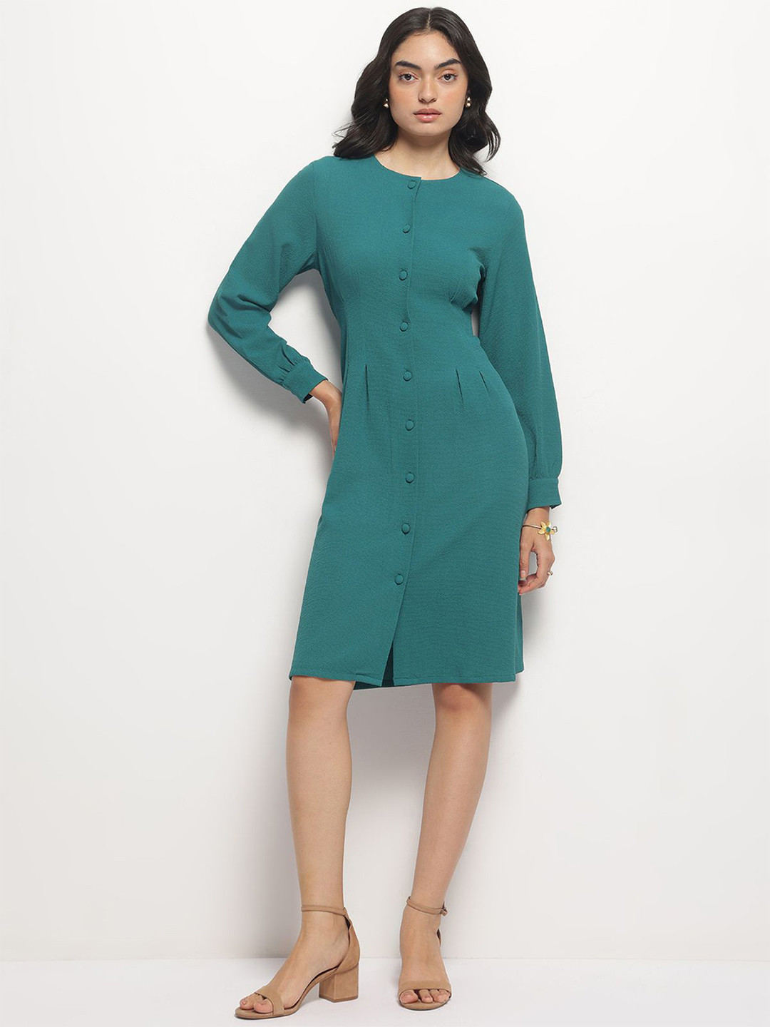 Strong And Brave Crepe Cuffed Sleeves Shirt Dress