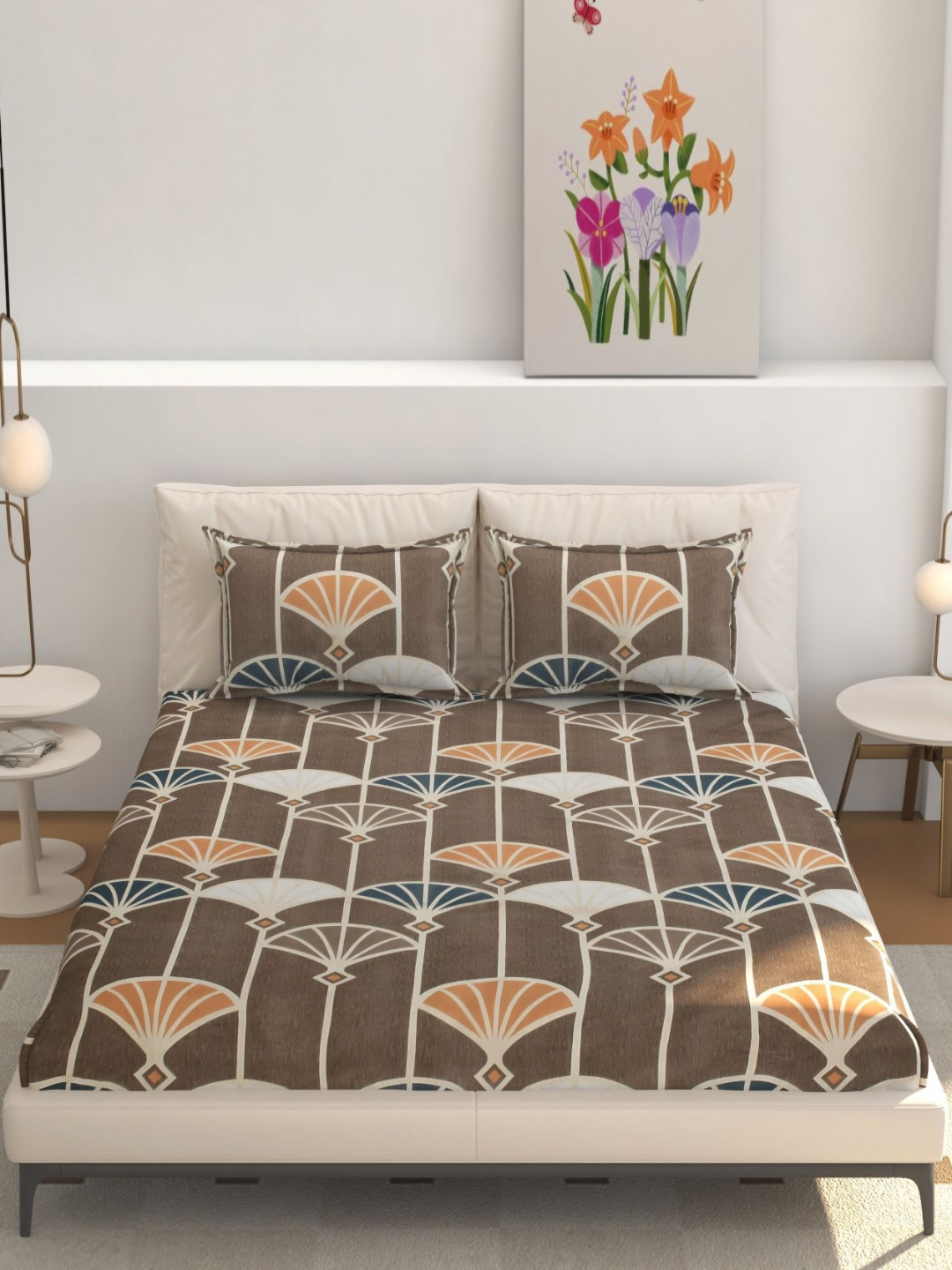 MOGNE FAB Brown Floral Cotton 210 TC Fitted King Bedsheet with 2 Pillow Covers-90 x 100 inches
