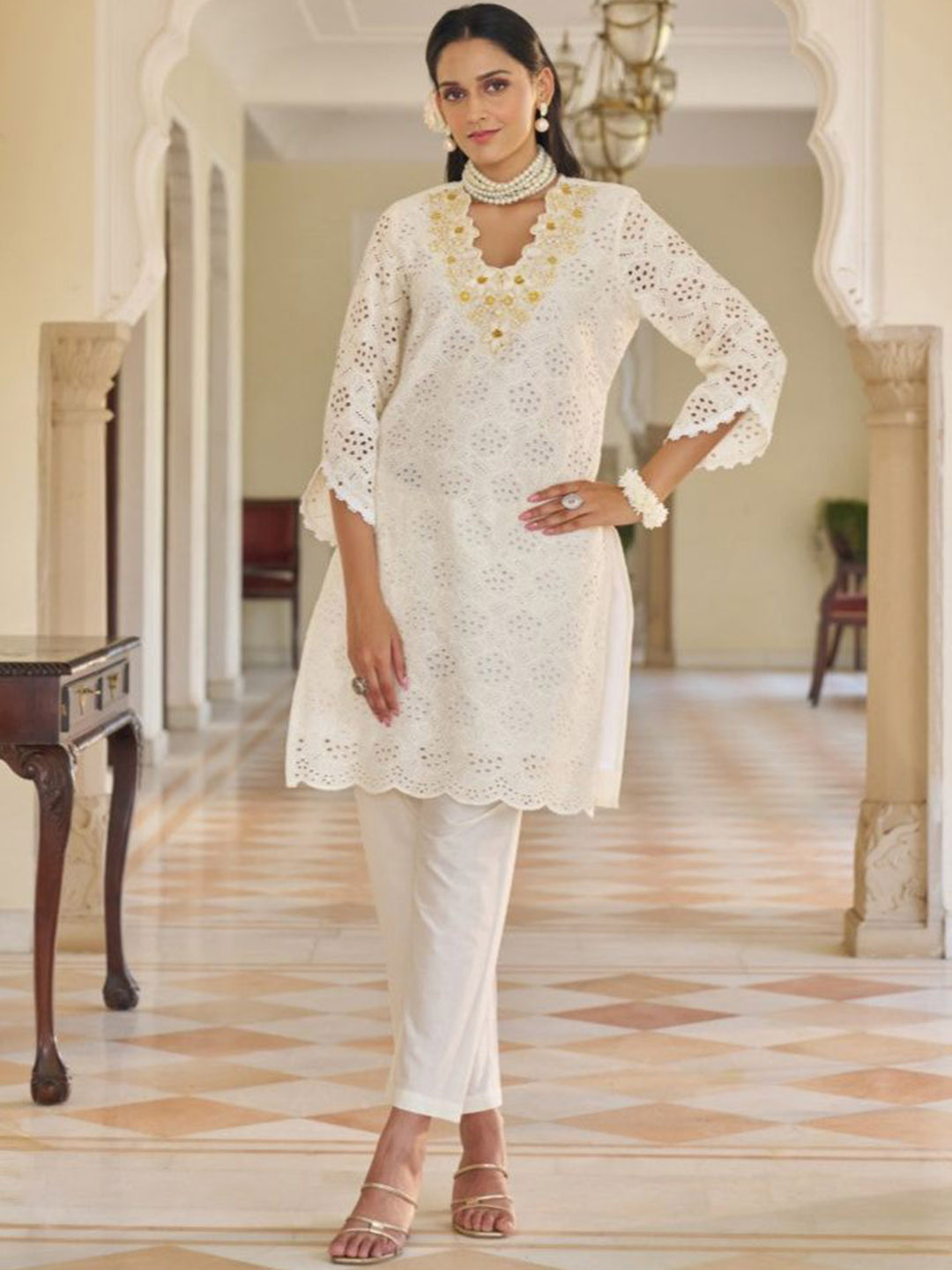 AUTUMN LANE Women White Anumeha Pearl Cotton Schiffli Co-Ord Set