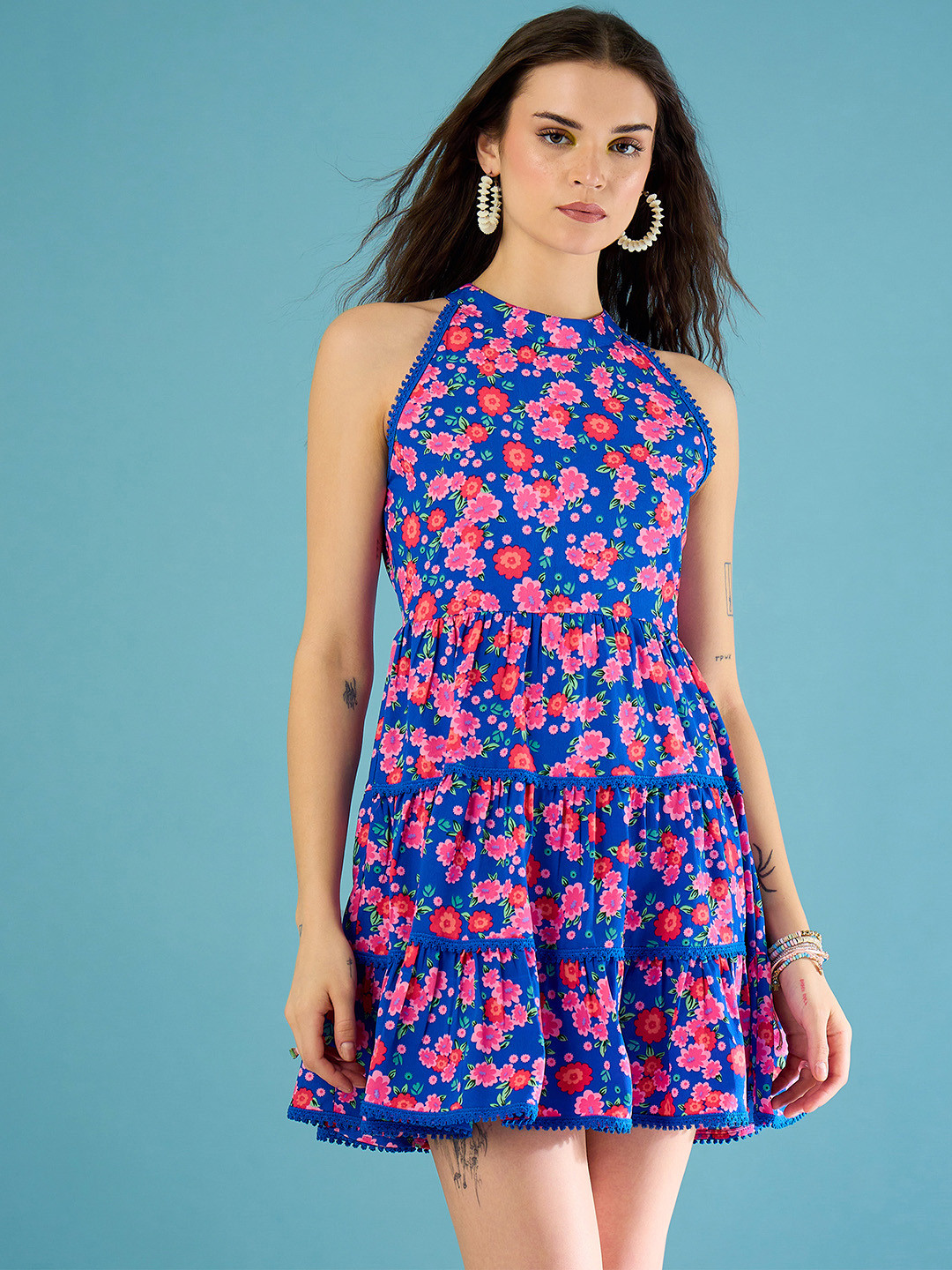 CORSICA Floral Print Halter Neck Fit & Flare Tiered Mini Dress with Lace-Up Detail