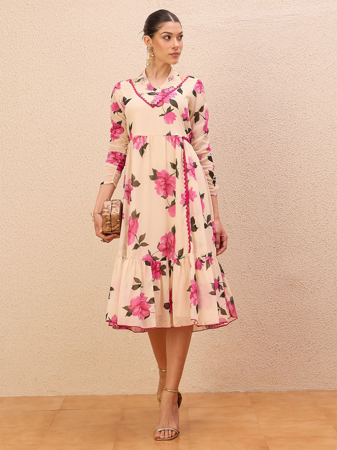 Antheaa Floral Print Lace Inserts Fit & Flare Midi Dress