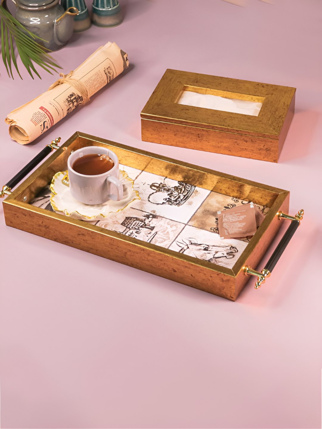 Art Street Gold-Toned Printed MDF Easy To Clean Serving Tray & Tissue Holder