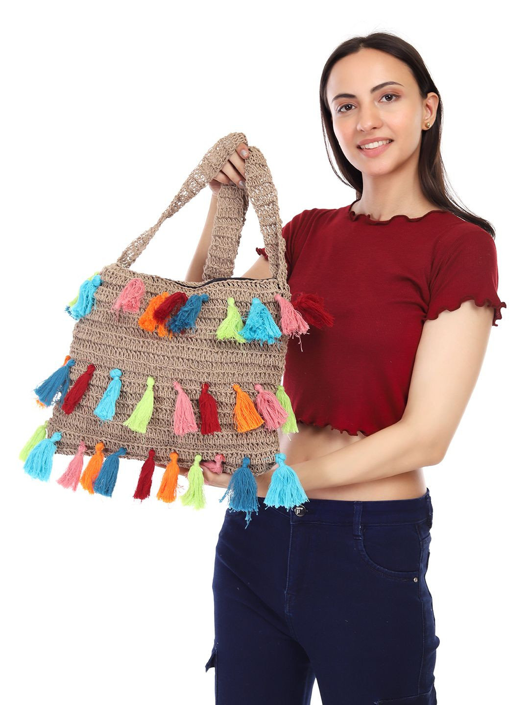 ITIHASIKALA Geometric Embellished Tasseled Quad-Spirit Crochet Sling Bag