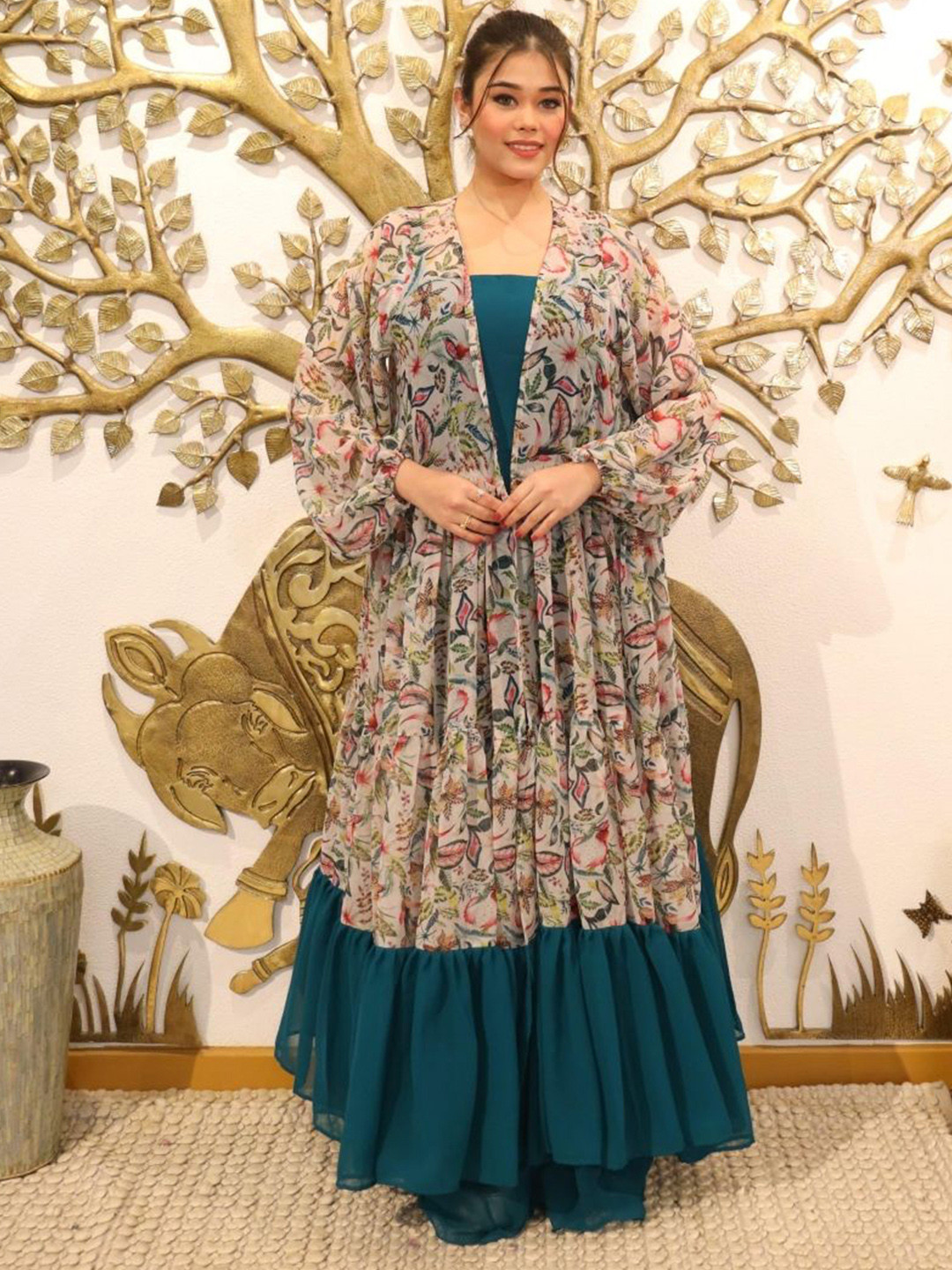 Swadeshi Shringaar Ocean Breeze Dress With Printed Shrug