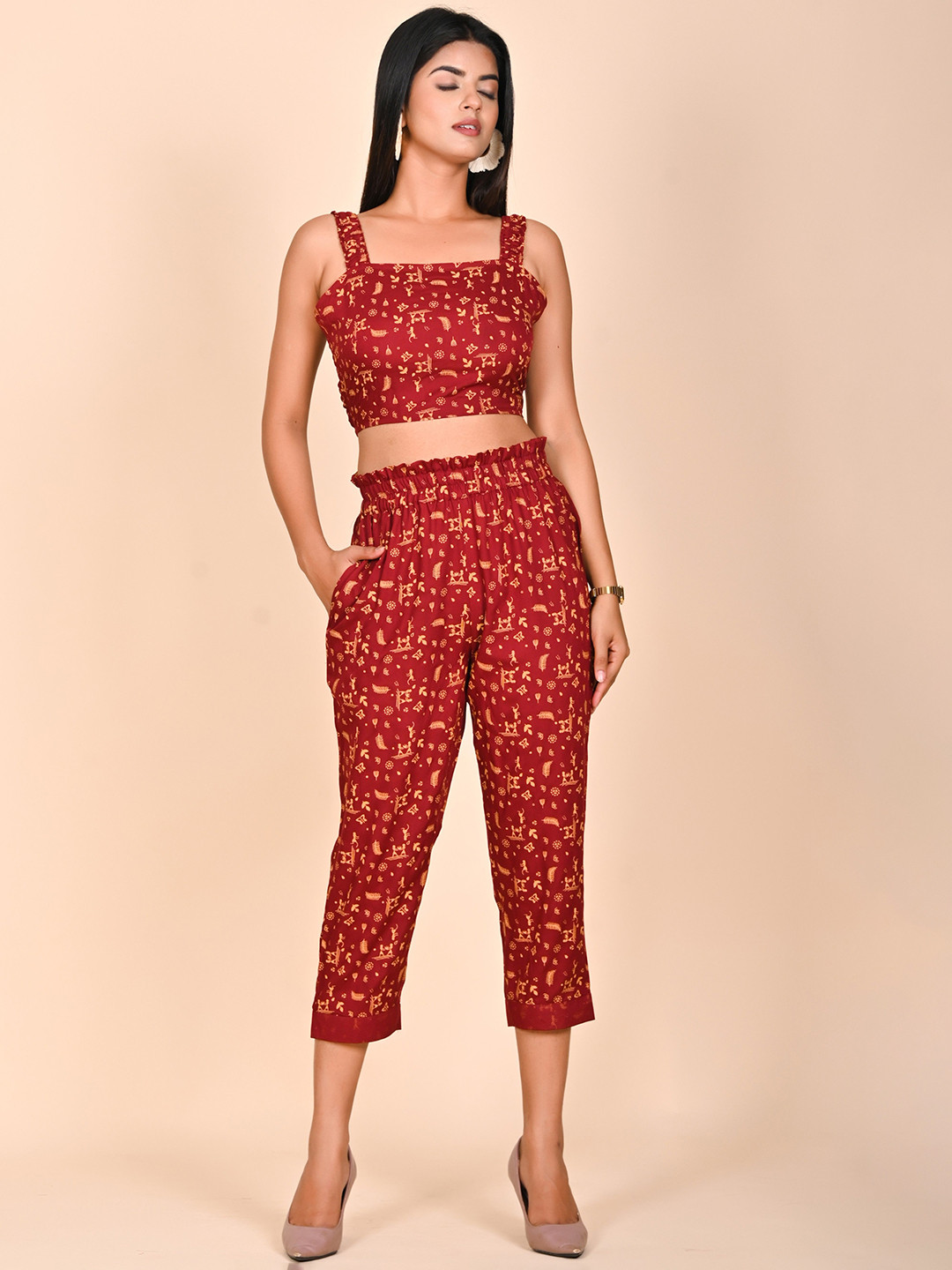 Rashmi Shree Creation Printed Square Neck Crop Top With Trousers Co-Ords