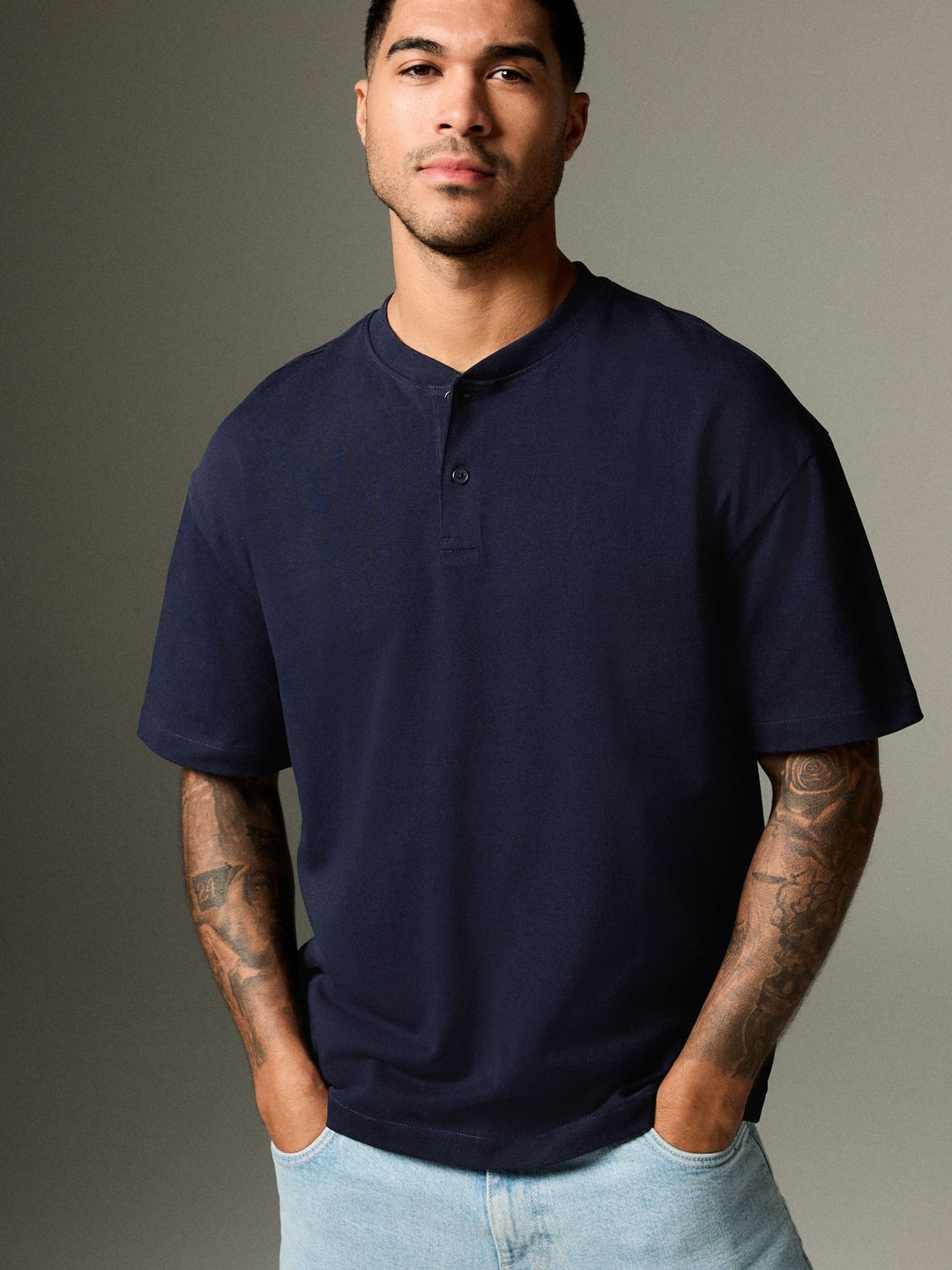 NEXT Henley Neck Drop-Shoulder Sleeves Pure Cotton Relaxed Fit T-shirt