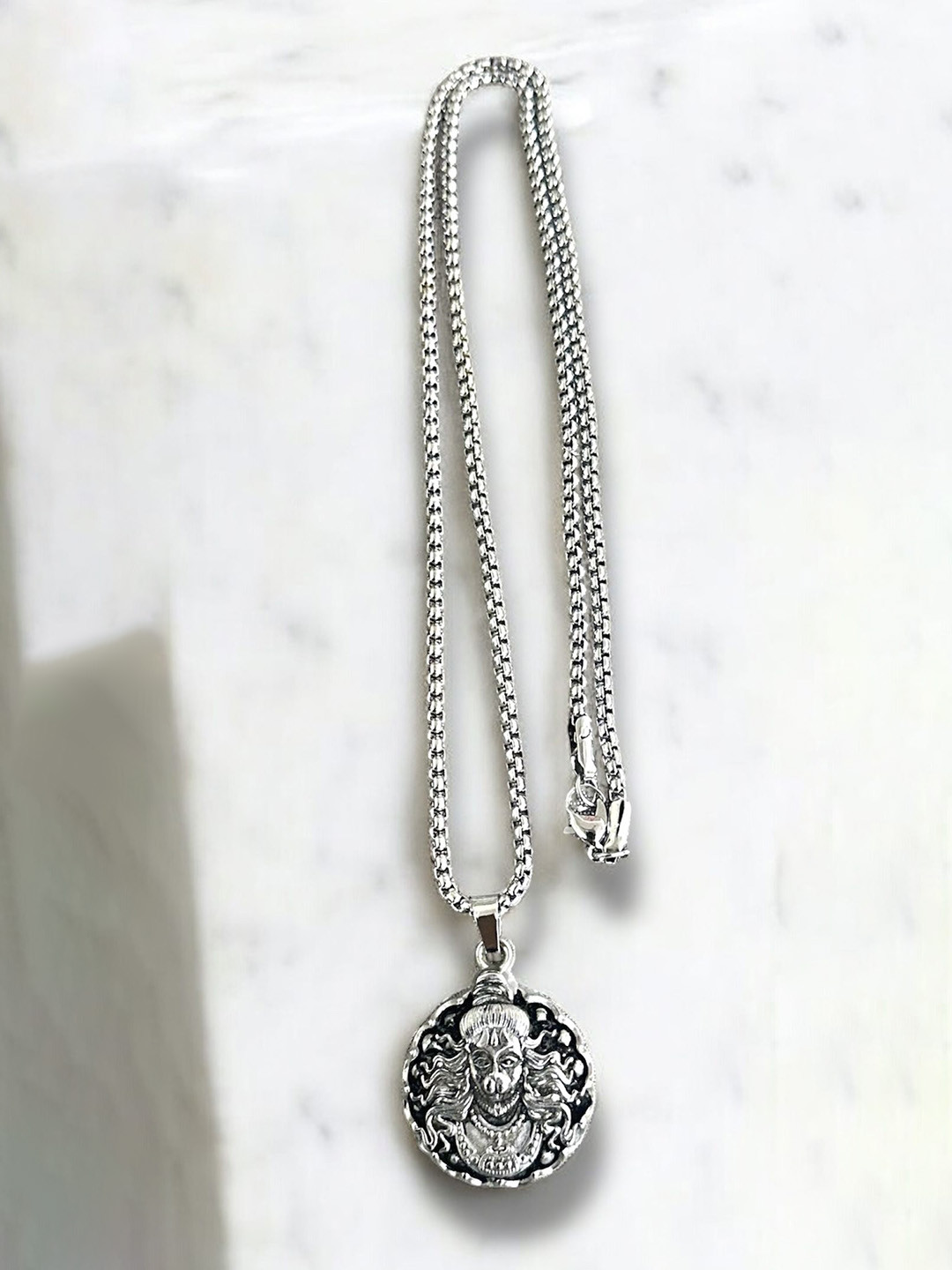 Nitant Men Silver-Plated Hanuman Ji Face Inspired Circular Pendant with Chain