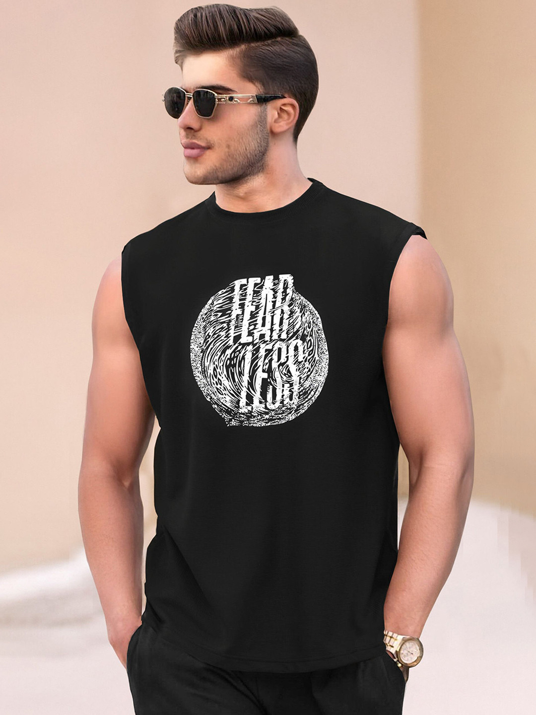 TRIPR Typography Printed Round Neck Sleeveless Cotton T-shirt