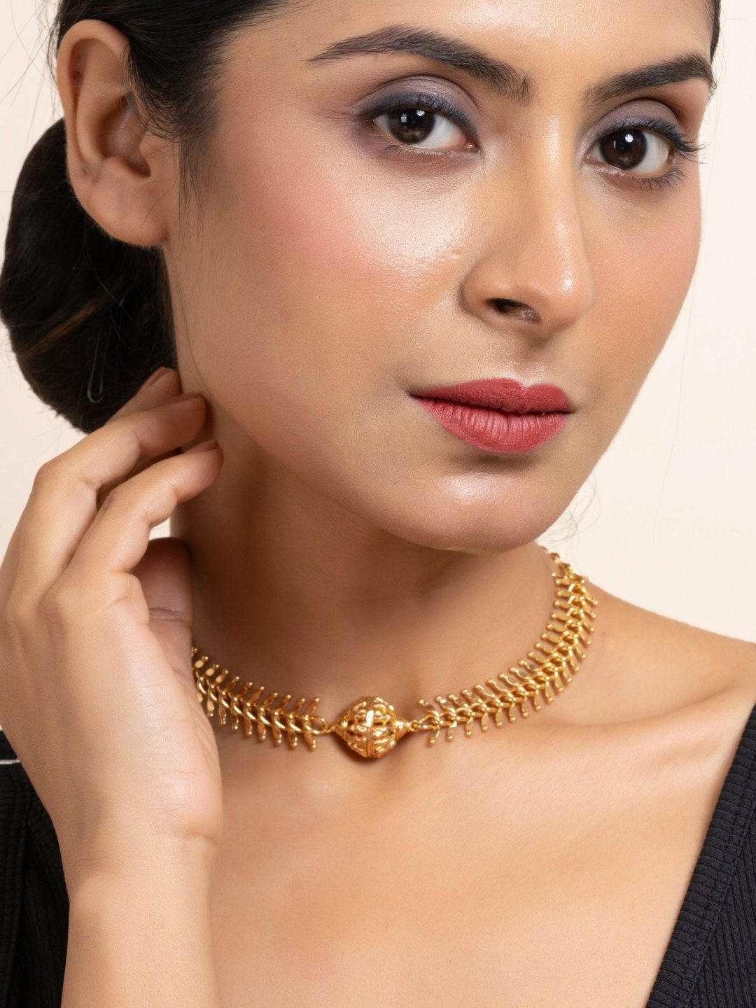 Look and Adorn Gold Plated Fish Bone Choker Necklace