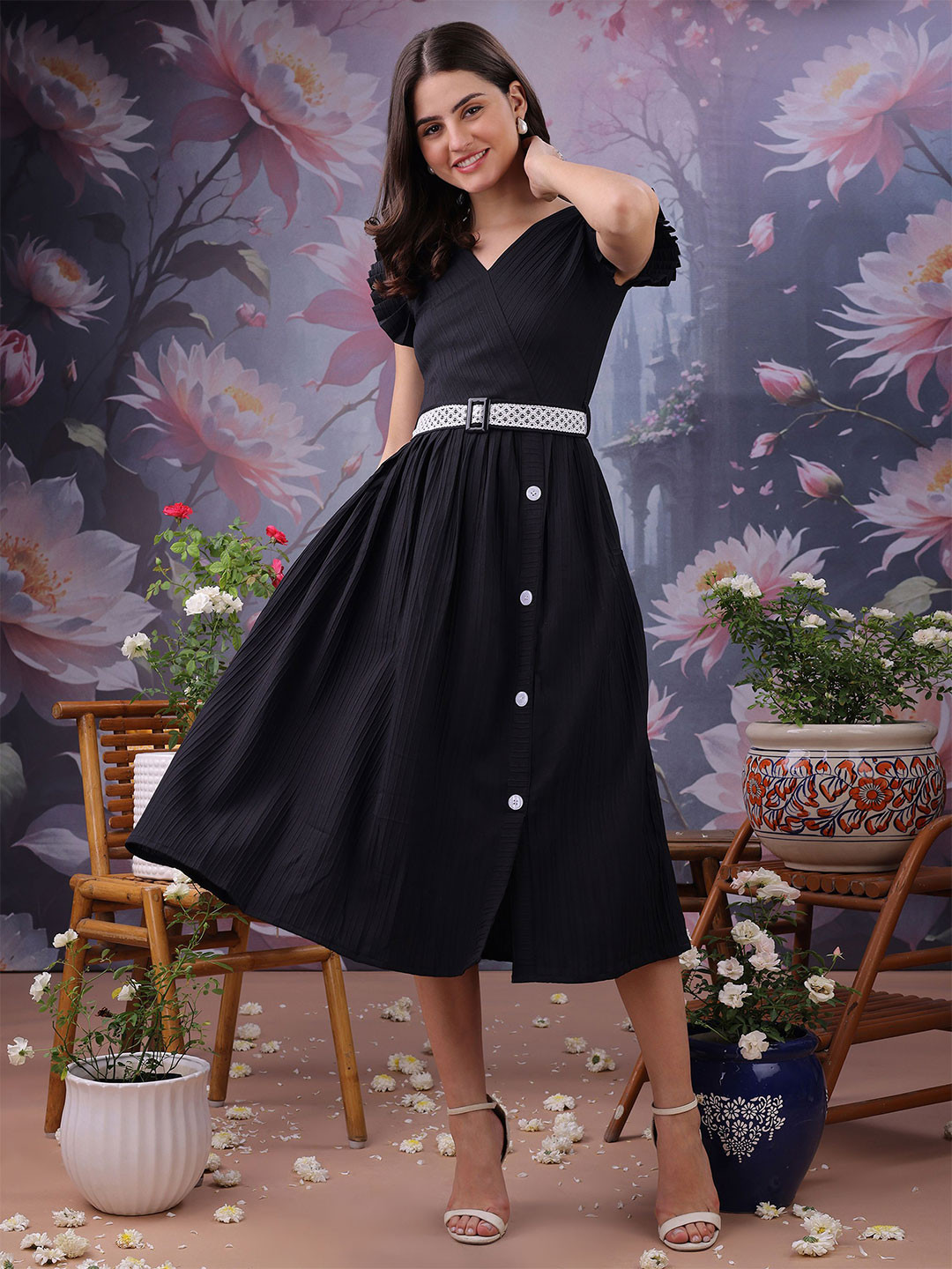YANAMORA Women Striped Belted Fit & Flare Midi Dress