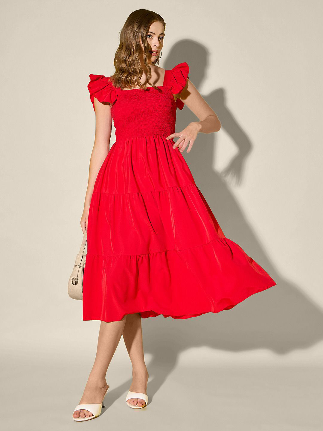 CORSICA Smocked Cherry Red Fit & Flare Maxi Dress