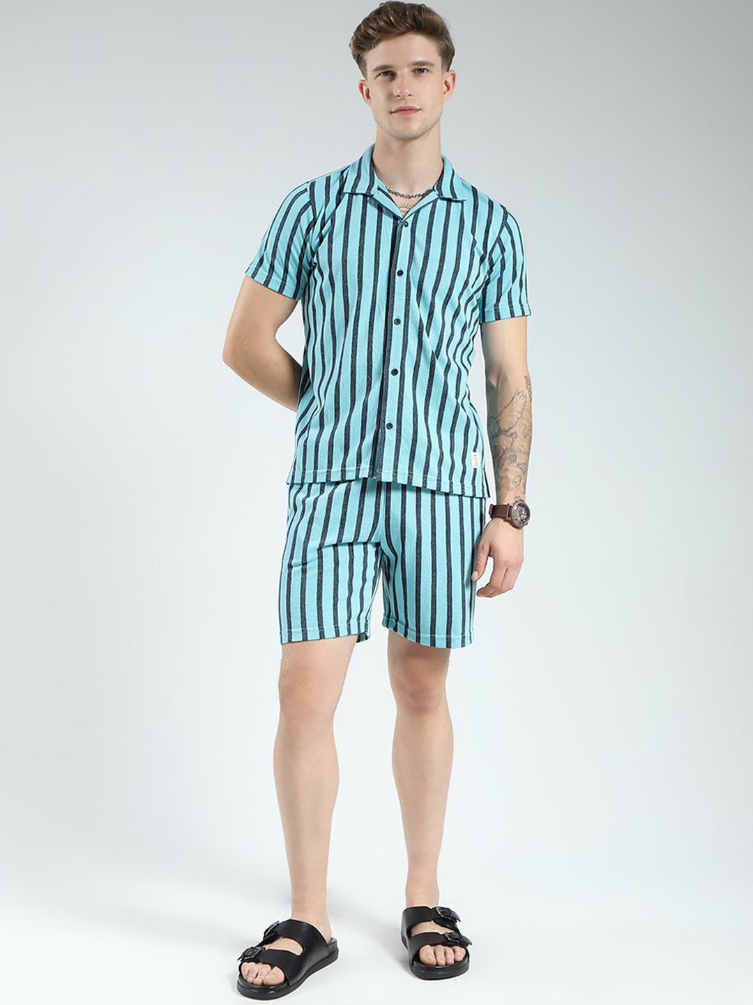 Monte Carlo Striped Pure Cotton Collared Shirt & Bermuda Shorts Co-Ord Set