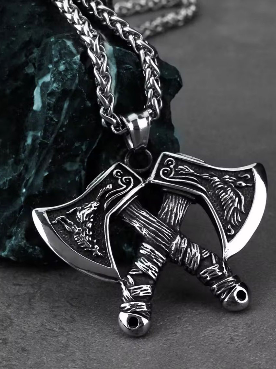Nitant Men Silver-Plated TwinAxe Inspired Pendant with Chain