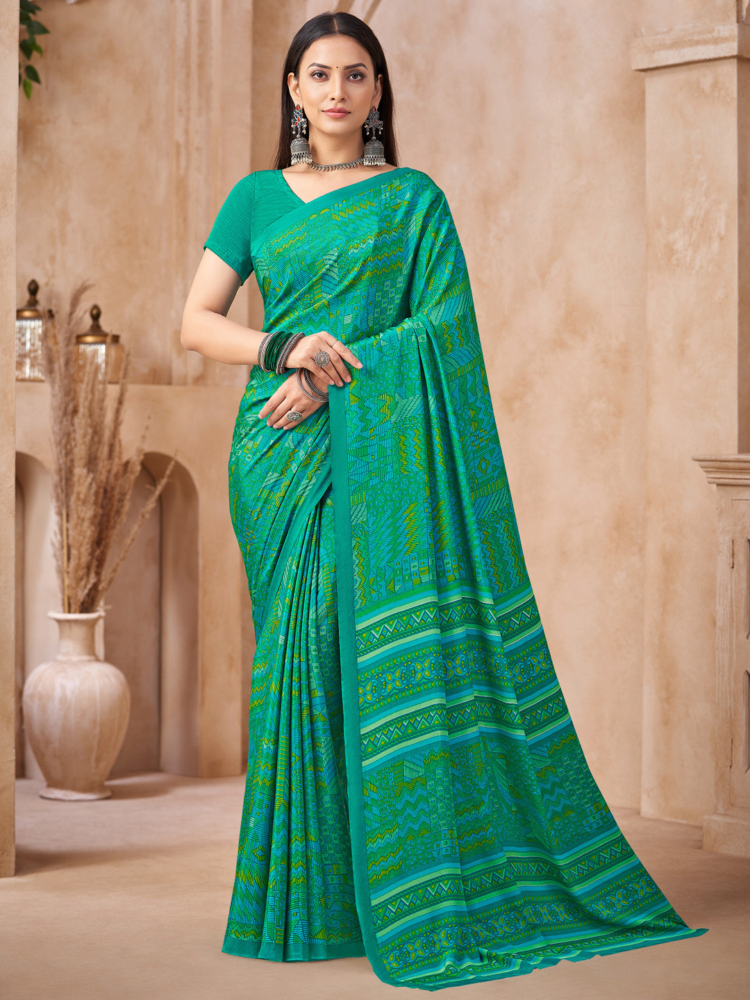 KALINI Turquoise Crepe  Printed Daily Wear Saree