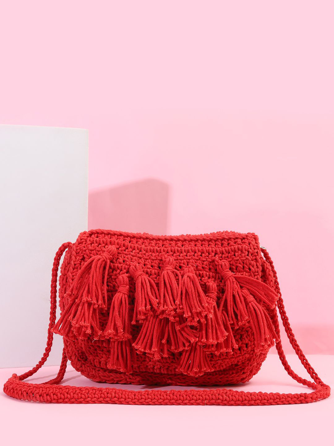 ITIHASIKALA Embellished Structured Cotton Crochet Sling Bag with Tasselled