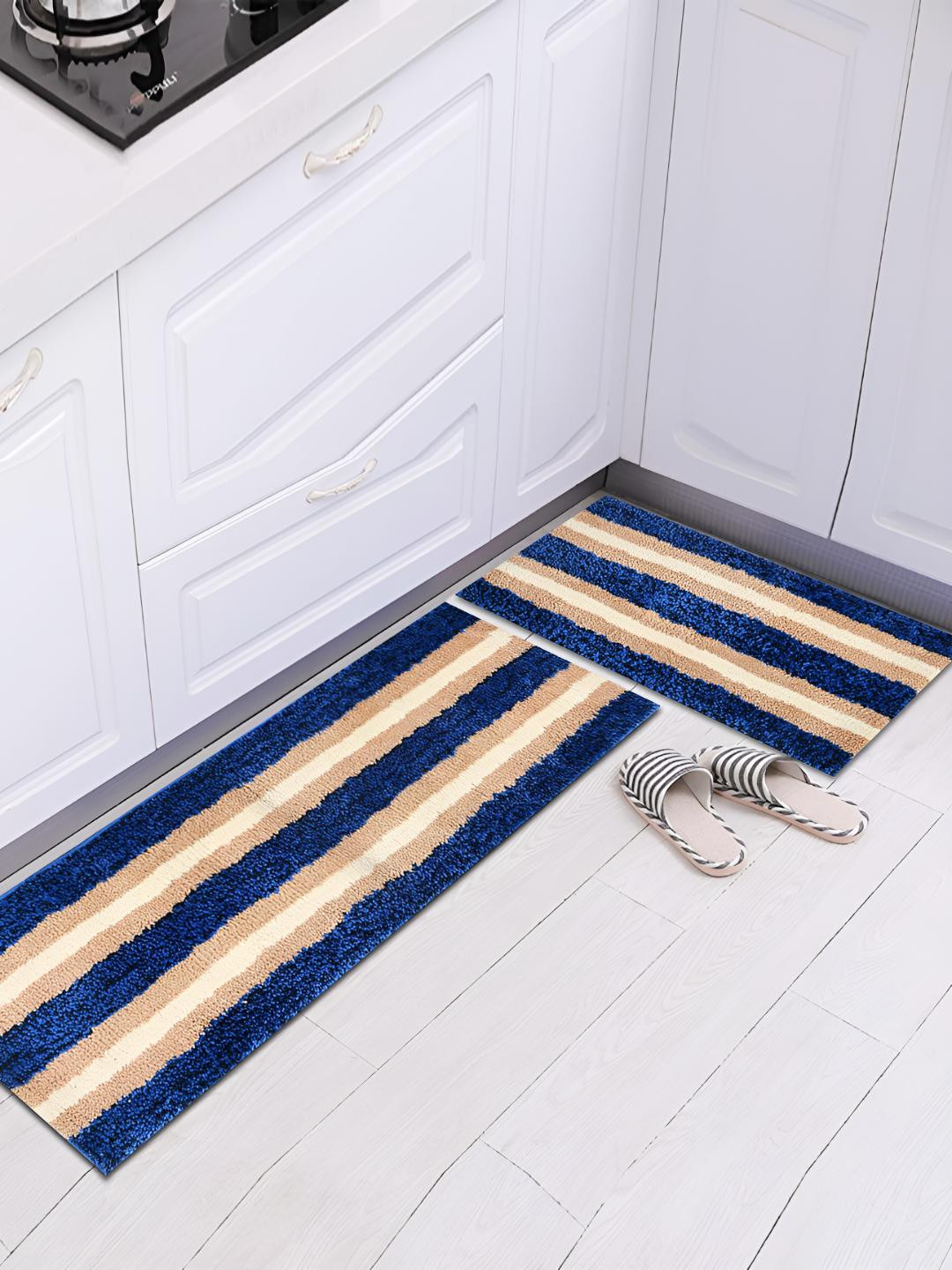 GBL COLLECTION Navy Blue & Cream Striped Microfiber Floor Mat
