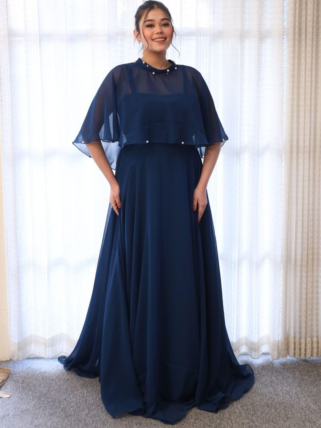 Swadeshi Shringaar Women Sapphire Dreams Georgette Dress With Cape