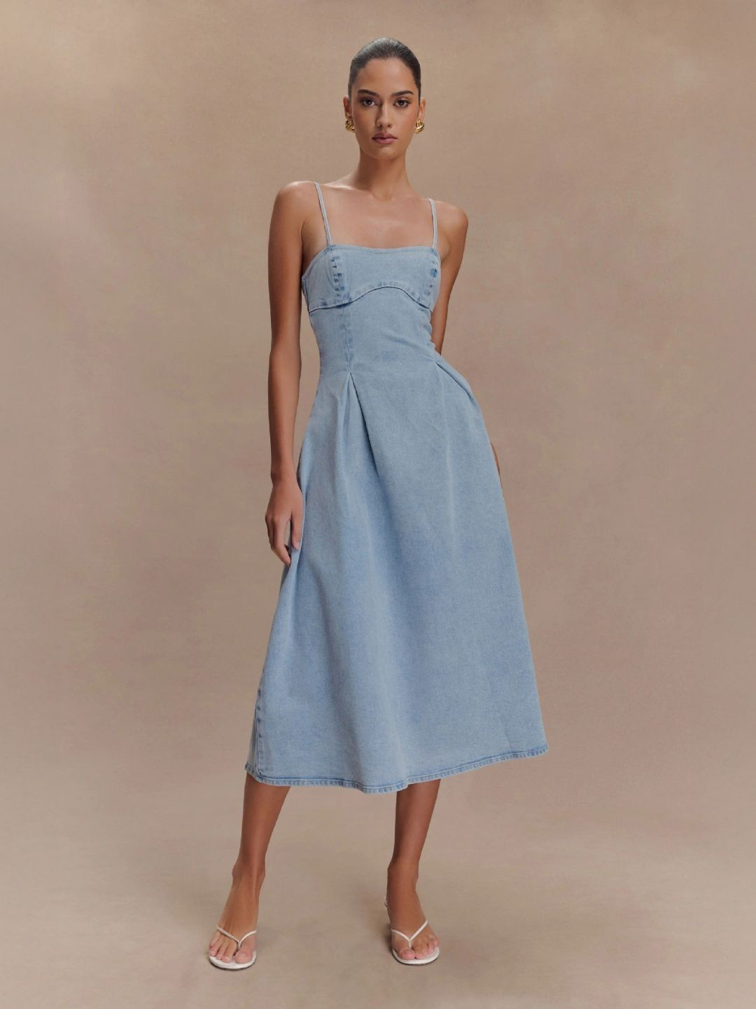 bebe Denim Spaghetti Strap A-line Midi Dress