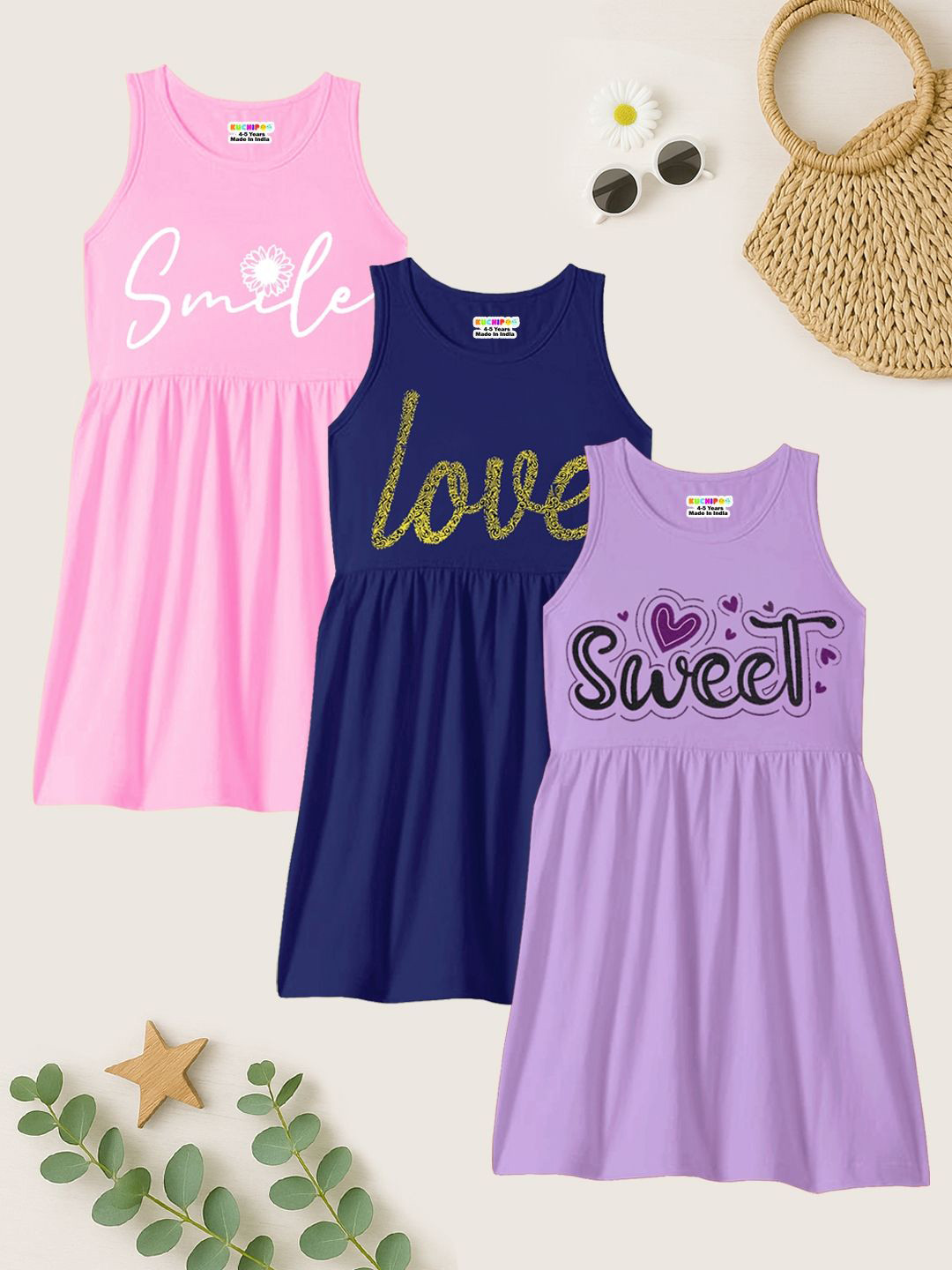 KUCHIPOO Girls Pack of 3 Print A-Line Dress