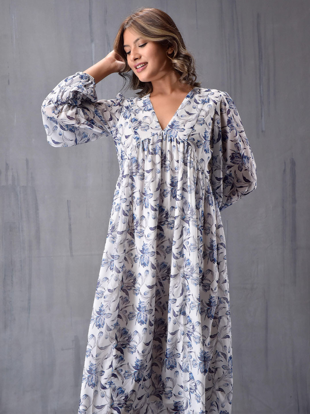 MODA-Q Floral Print Puff Sleeve Georgette Fit & Flare Midi Dress