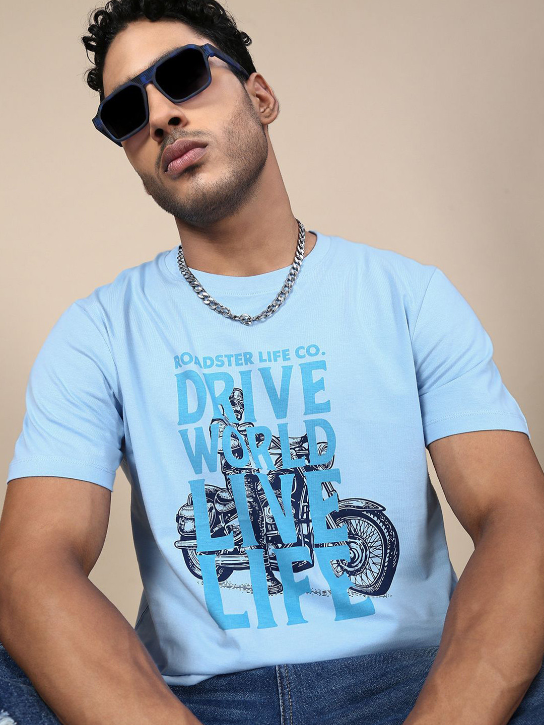 The Roadster Lifestyle Co. Drive World Biker Printed Round Neck Pure Cotton T-Shirt