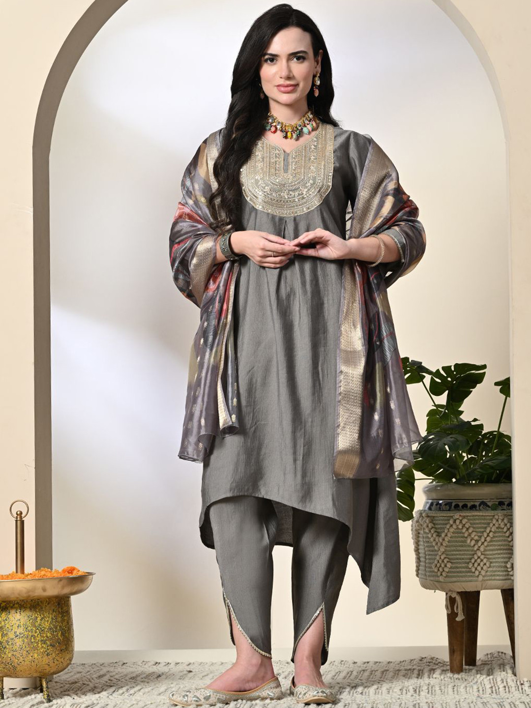 Sangria Sequinned Yoke Design A-Line Kurta Sets With Dupatta
