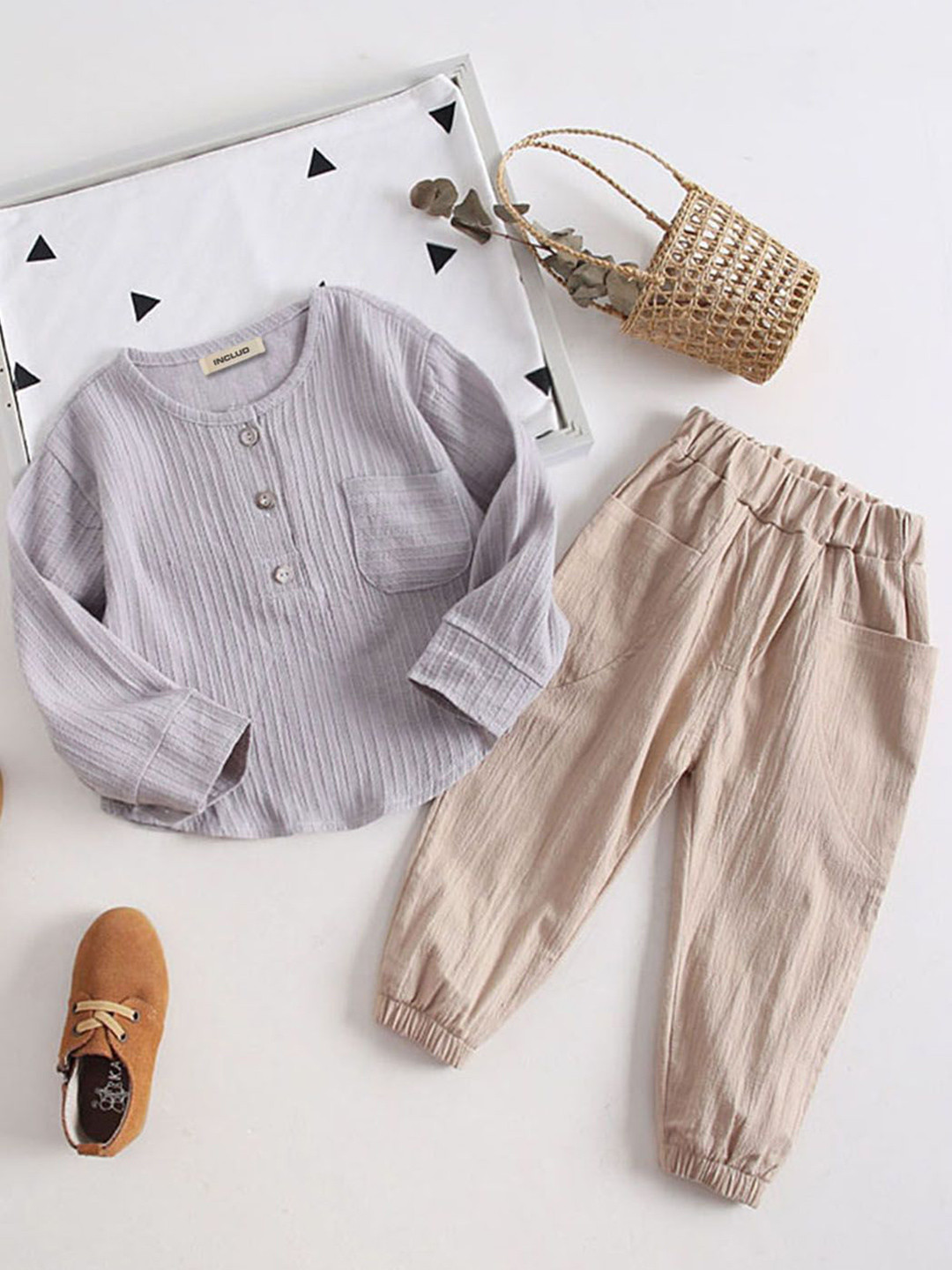 INCLUD Boys Self Design Henley Neck T-Shirt With Jogger