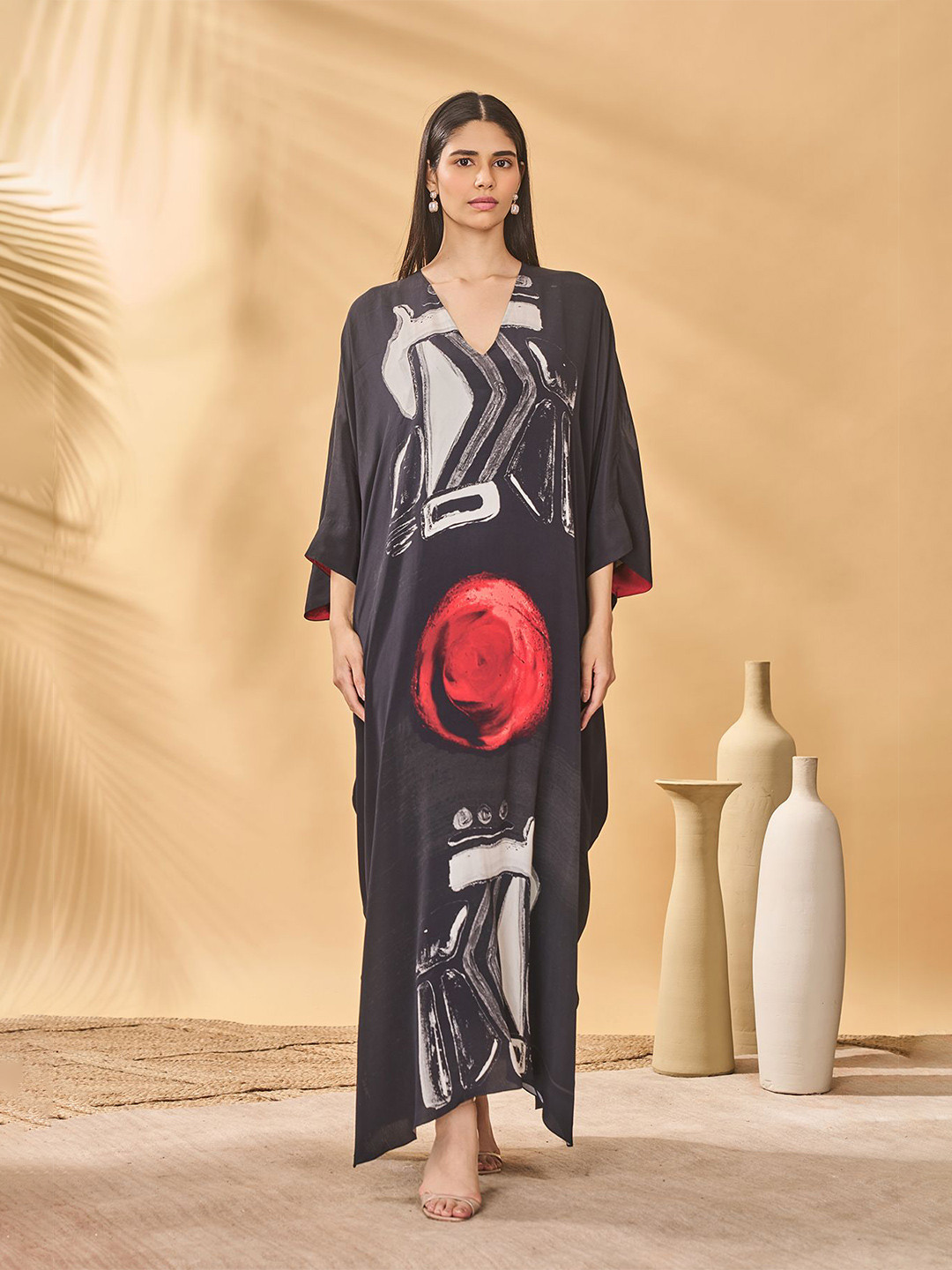 Masaba Women Dark Noise Abstract Print Kimono Sleeve Kaftan Dress