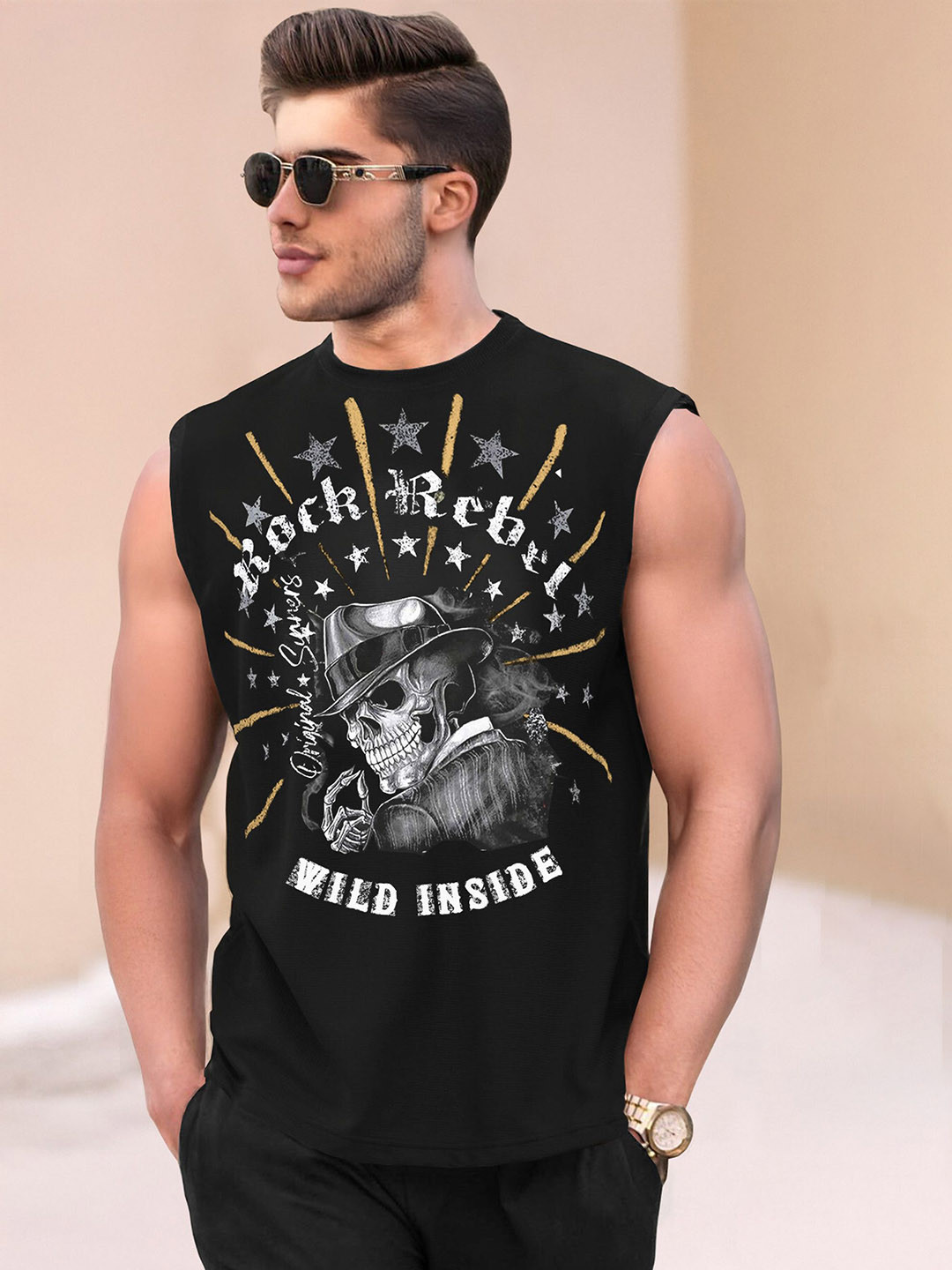 TRIPR Graphic Printed Round Neck Sleeveless Cotton T-shirt