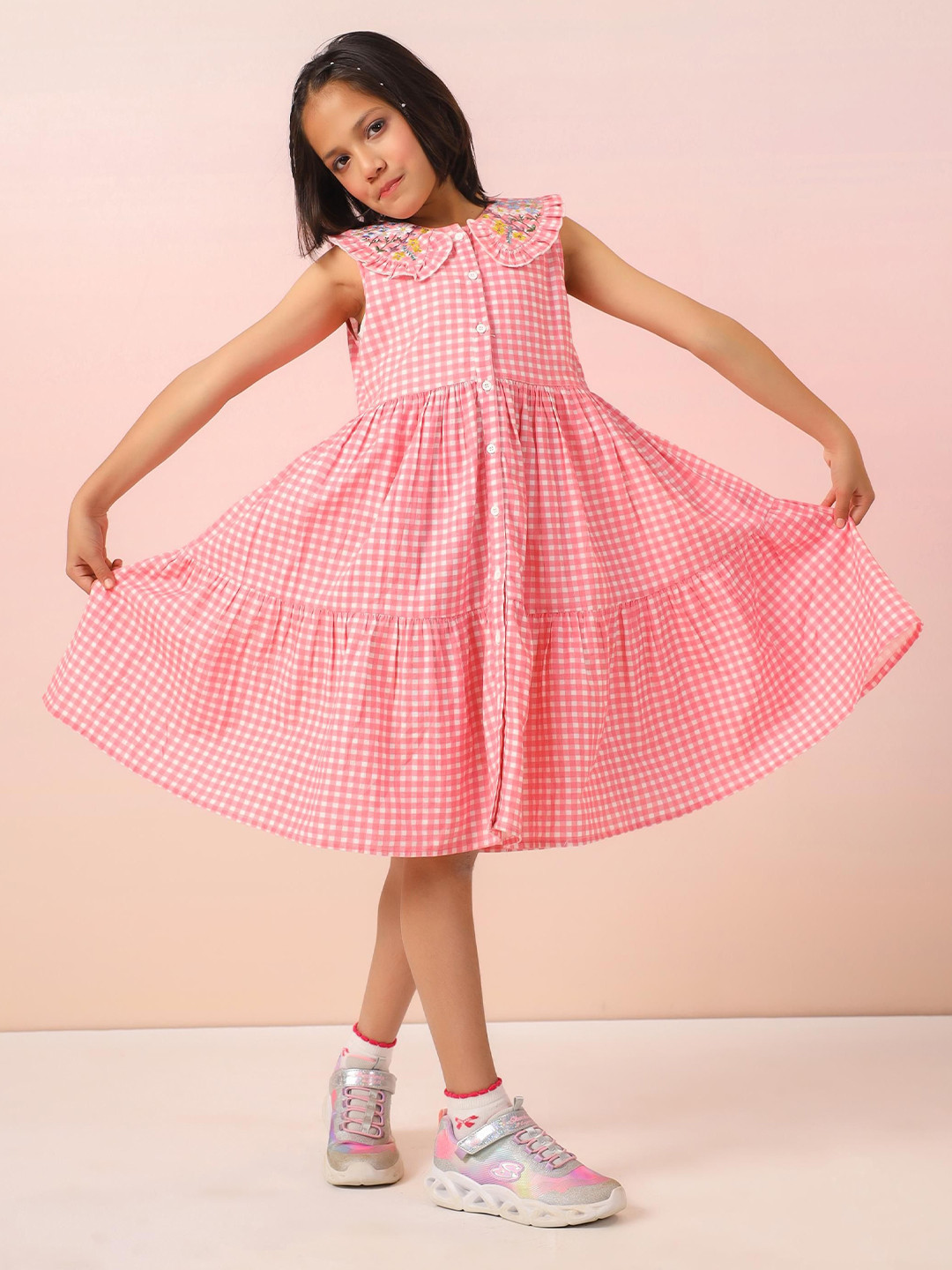 Sangria Girls Gingham Checked & Embroidered Cotton Knee Length Dress