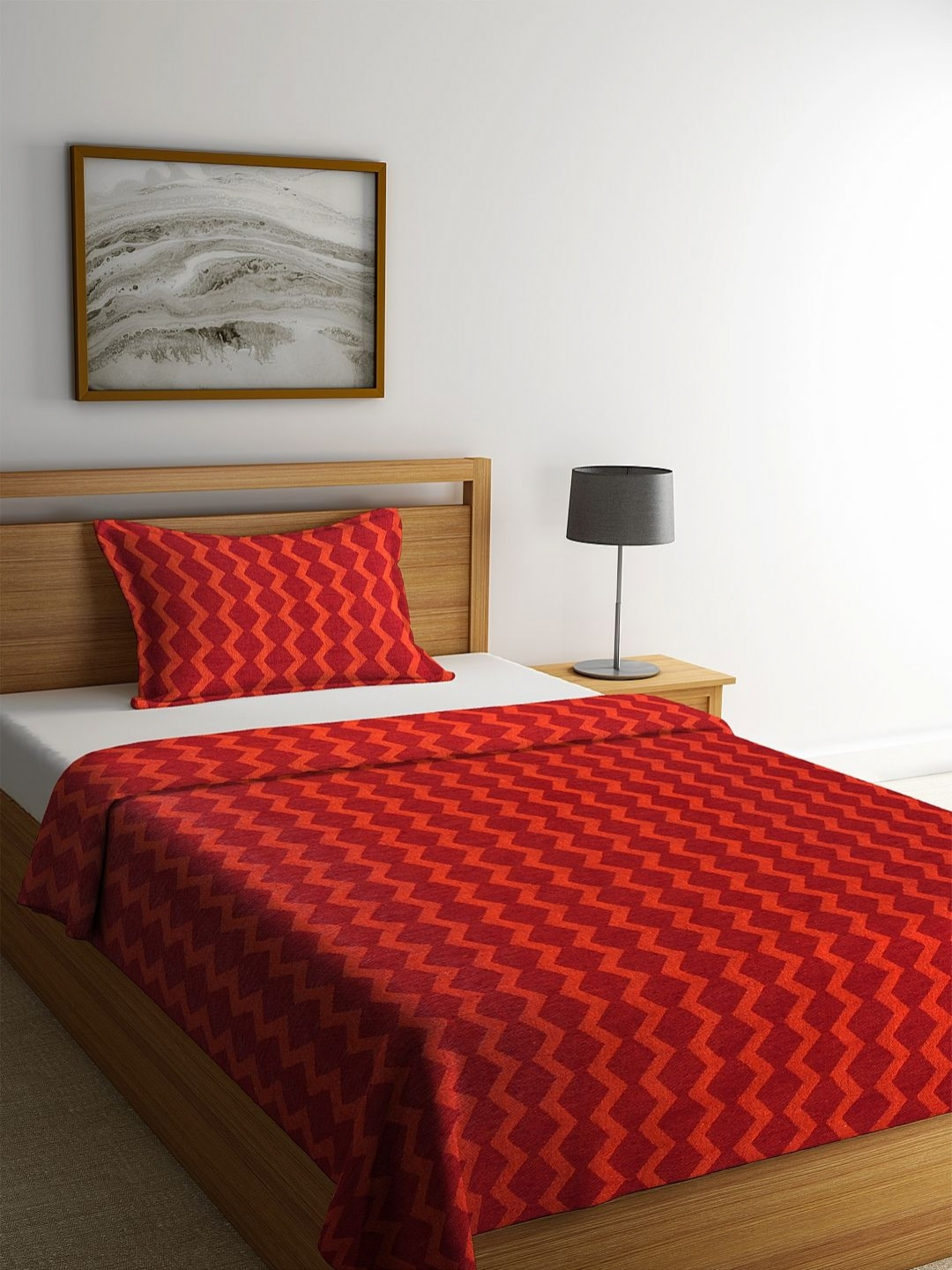 Red Woven Design Cotton Single Bedcover with Pillow cover