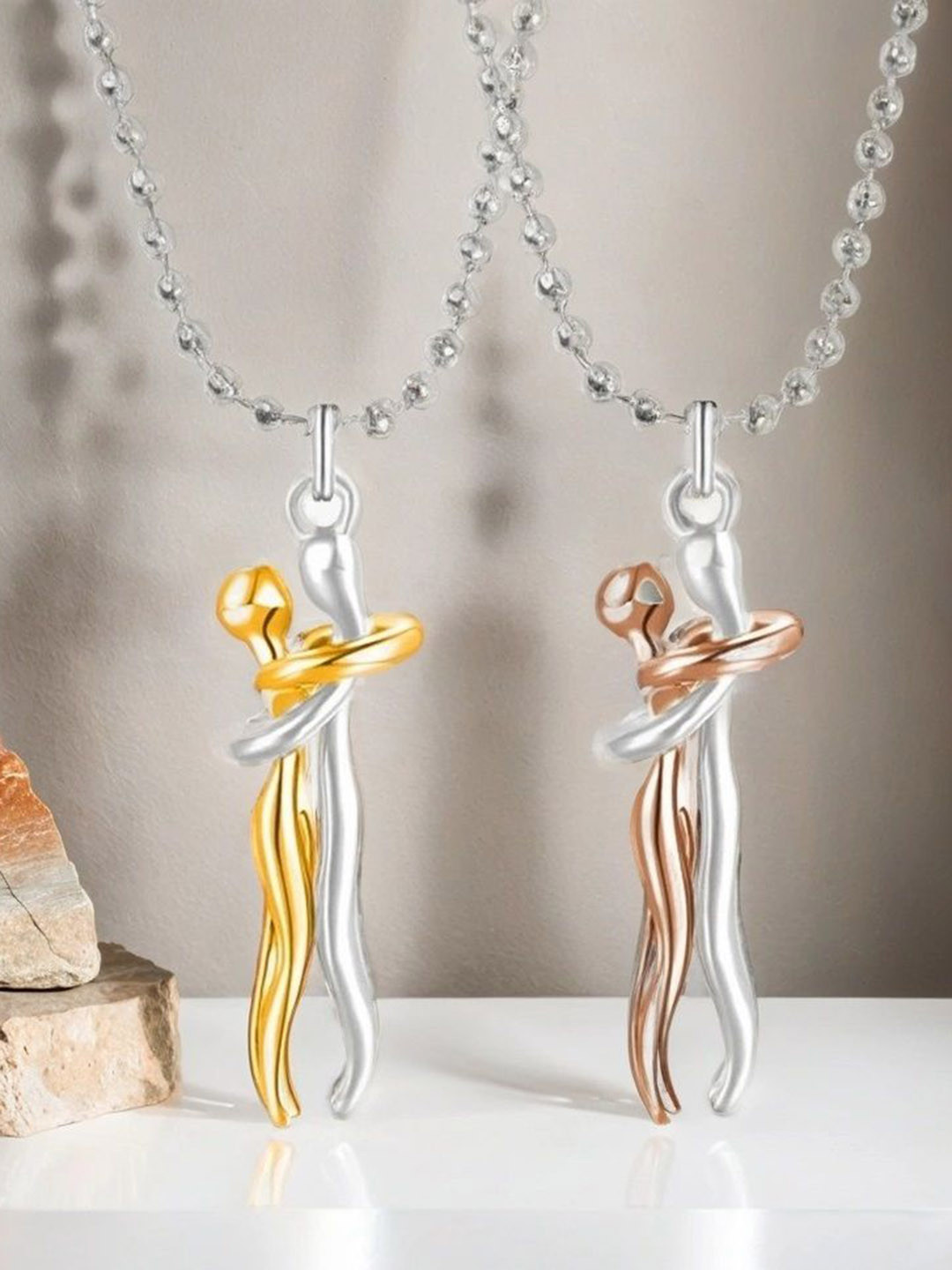 Uniqon Set Of 2 Hugging Embrace Statement Love Couple Promise Pendants with Chains
