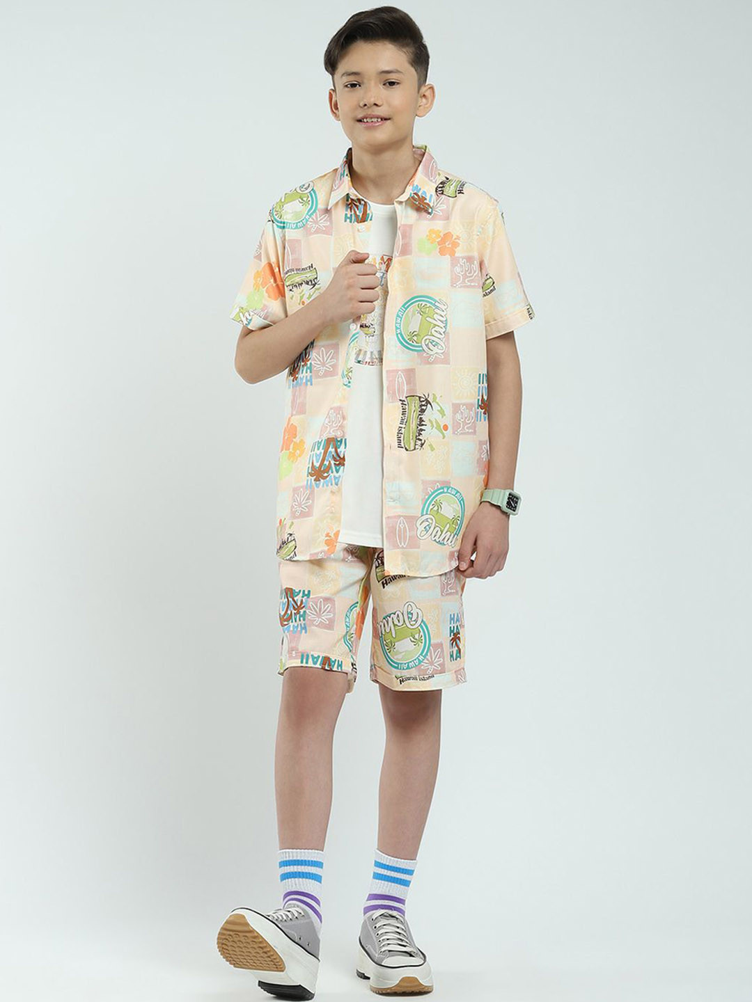Monte Carlo Boys Printed Collared Shirt & Shorts With T-Shirt Clothing Set