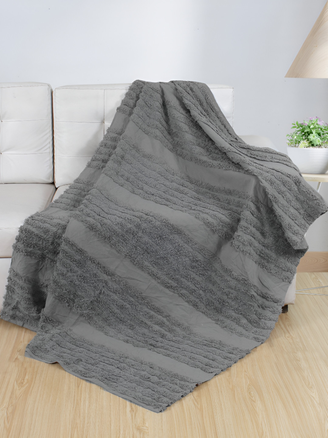Dolce Casa Grey Striped Tufted Cotton Soft & Cozy Sofa Throw