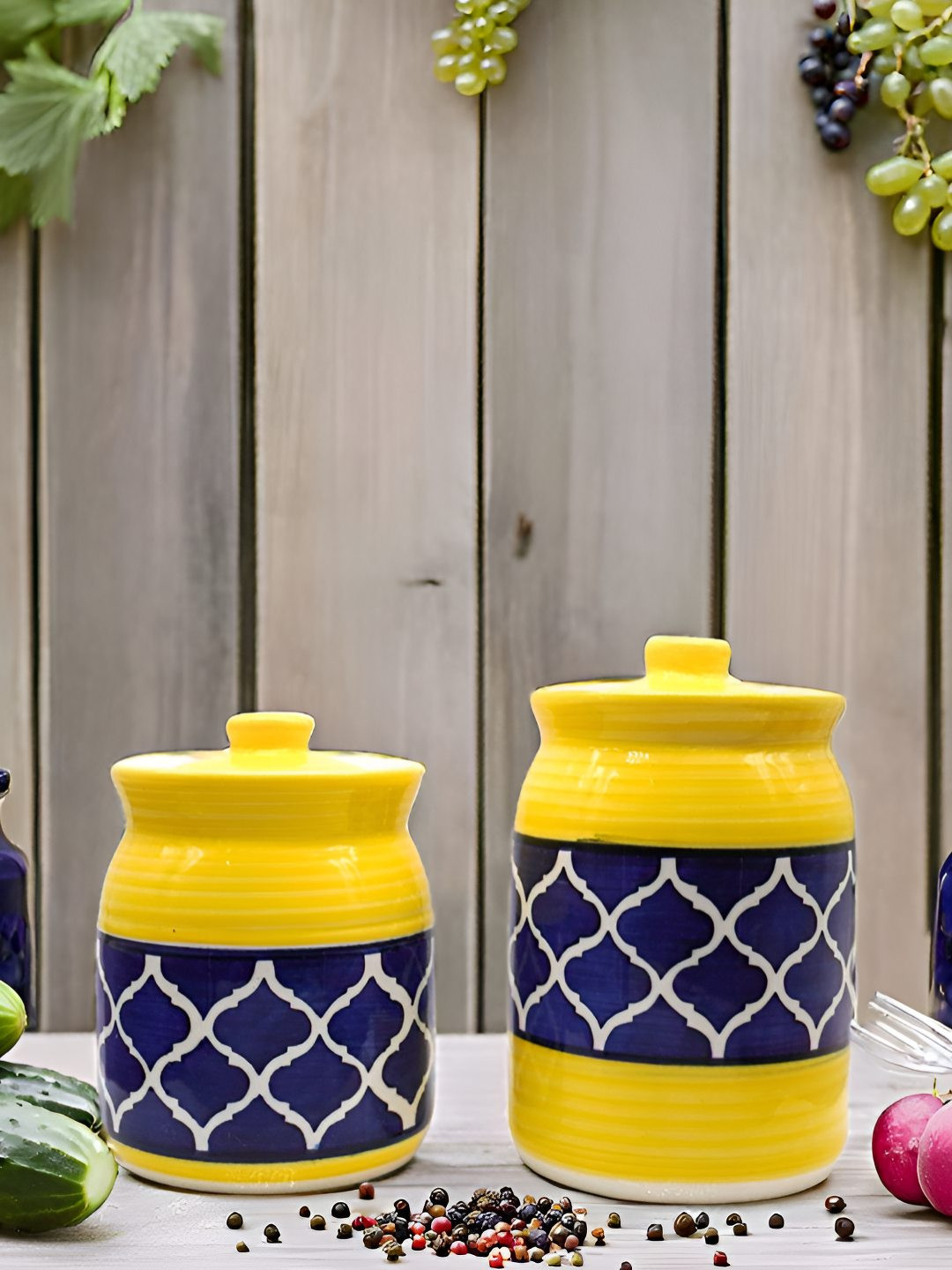 Kraftlik Handicraft 21-Pj-Np-1005 Yellow Ceramic Easy To Clean 2 Piece Flip Top Canister-1L