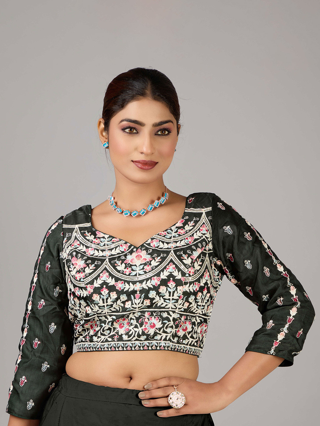 Ethnovog Art Silk Embroidered Sweetheart Neck Blouse