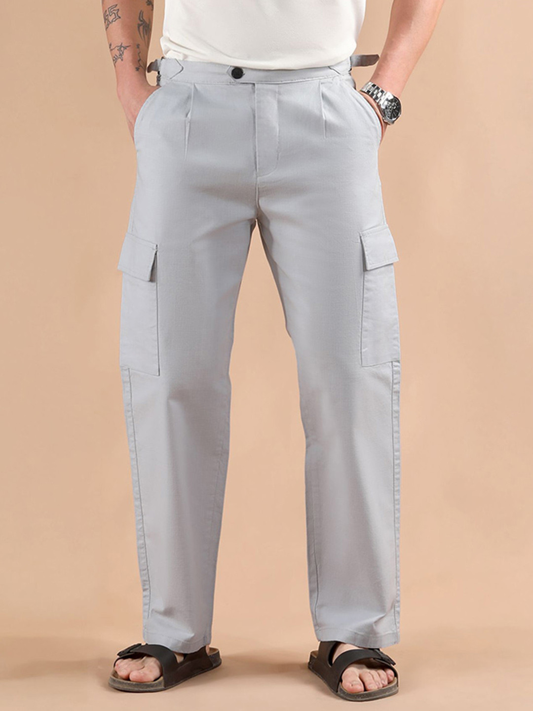 Beyoung Men Light Blue Adjustable Side Buckle Cargo Trousers