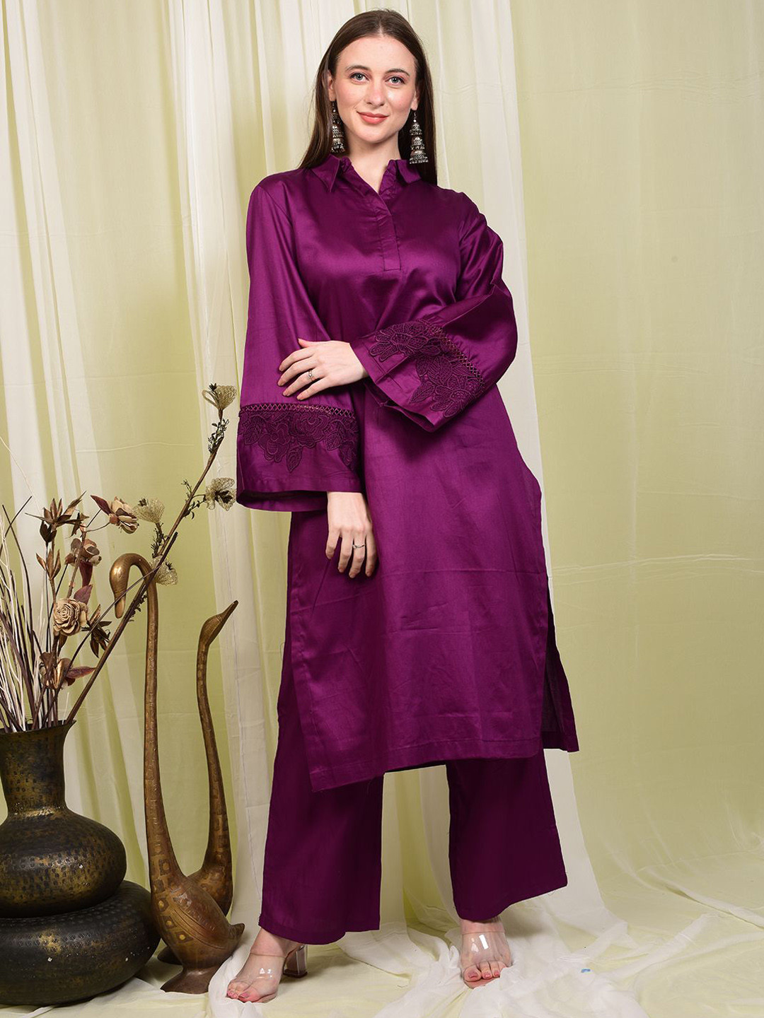 JHALAKK BY LAALZARI Silk Shirt-Collar Tunic With Palazzo Co-Ords