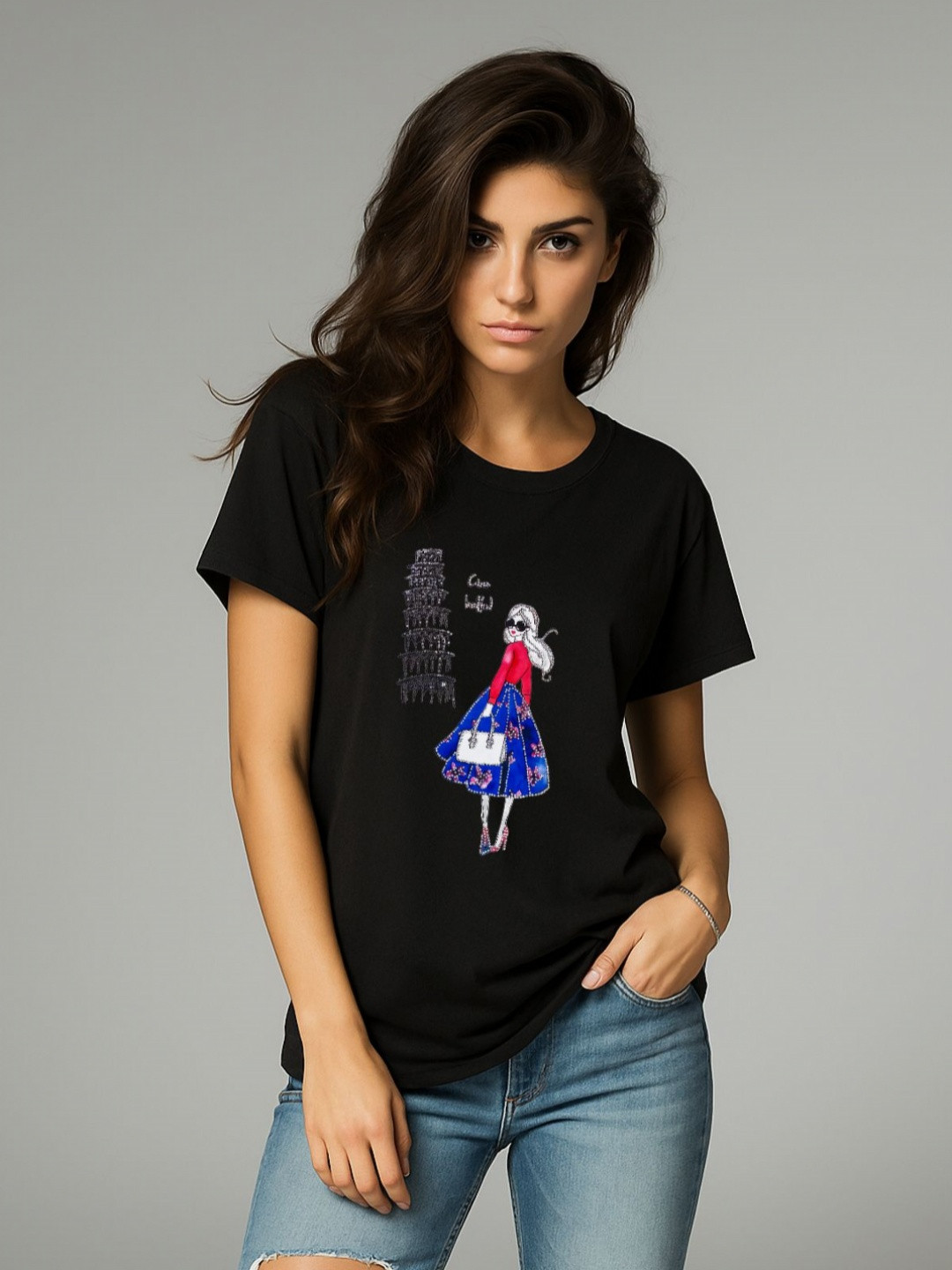 GRACE & JACK Paris Chic Girl 3D Graphic Printed Cotton Diamond Embellishment T-shirt