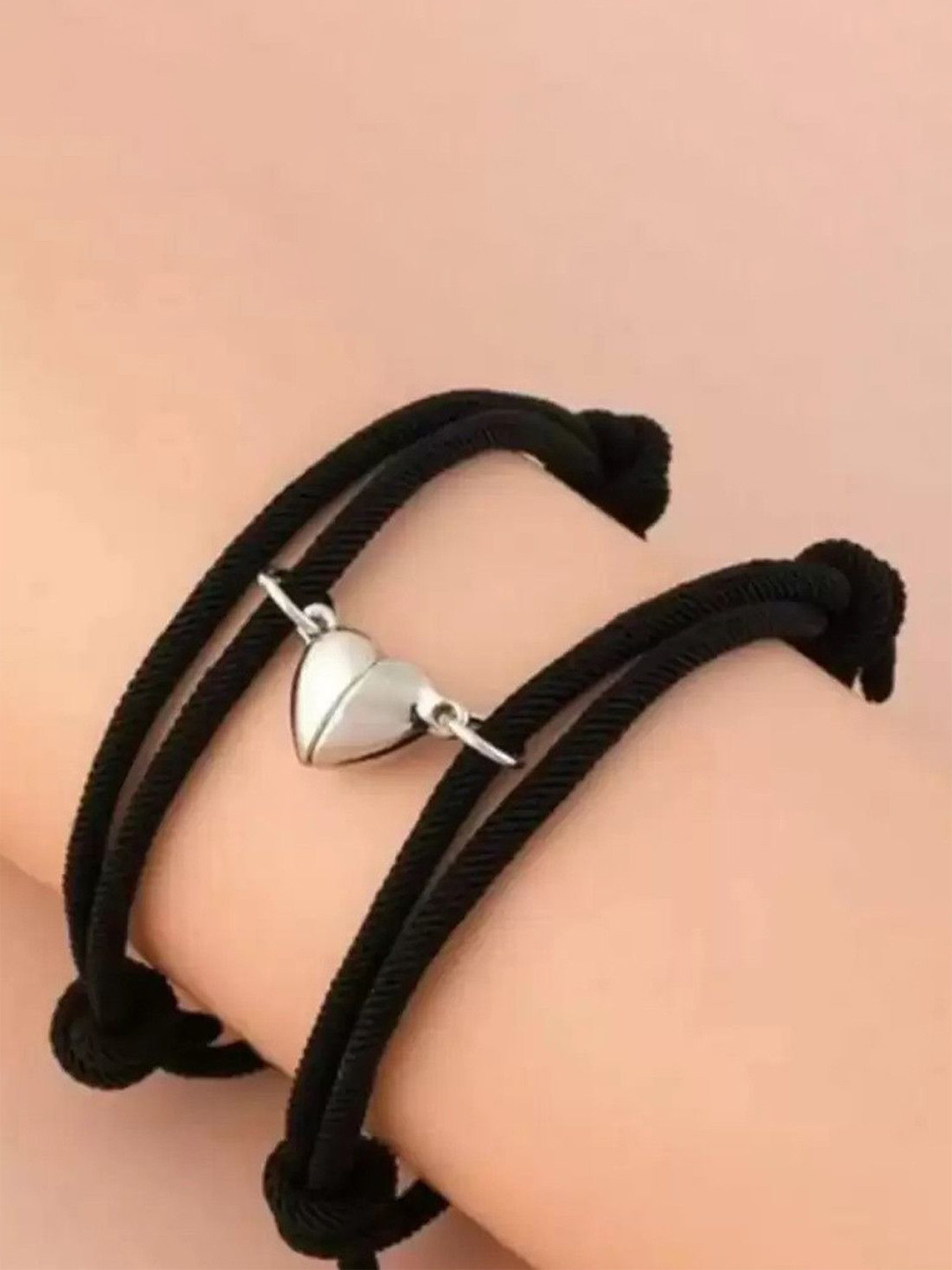 Teeragaj Stainless Steel Set Of 2 Black & Silver Toned Wraparound Bracelets