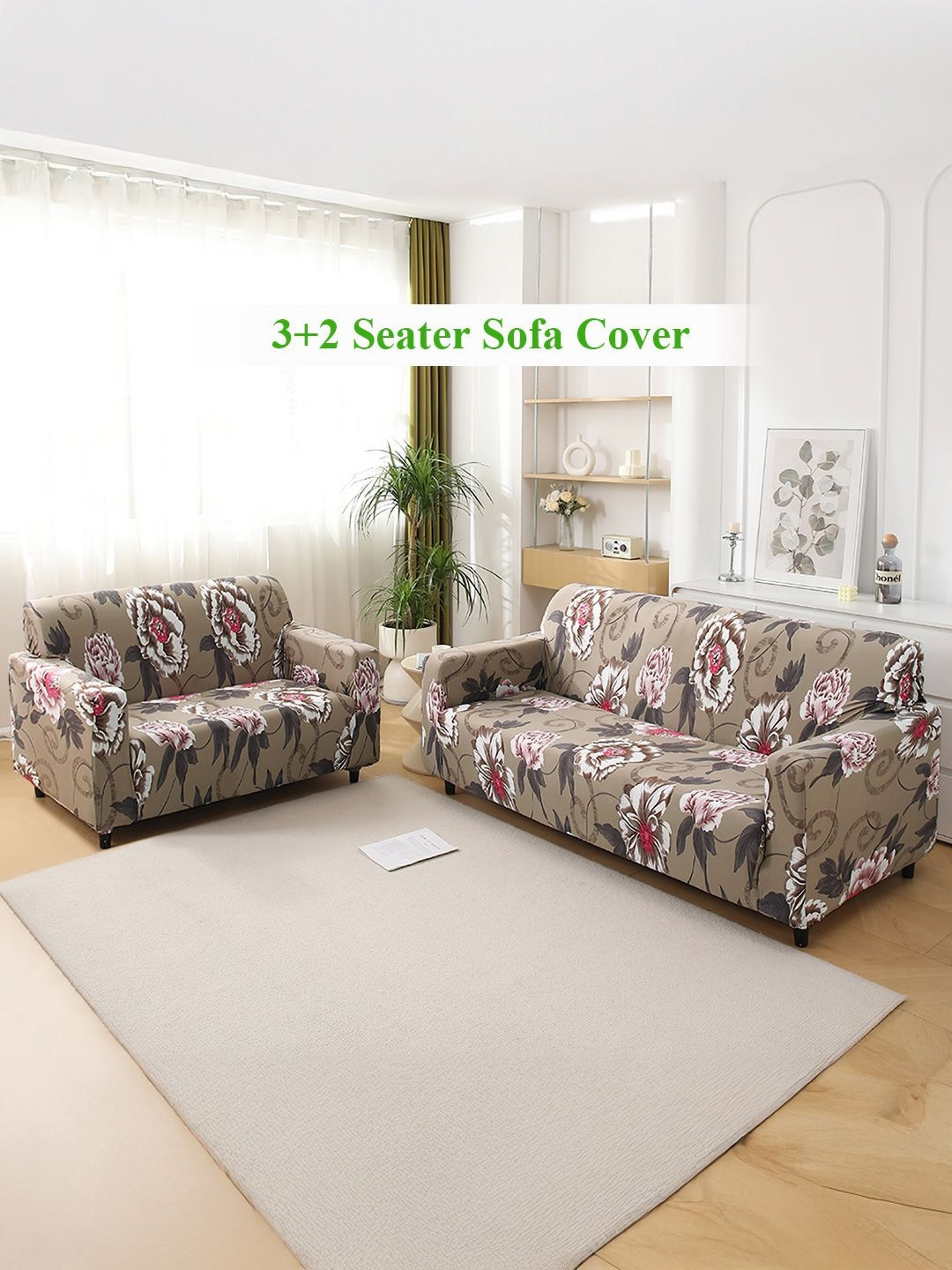 HOKIPO Buff Brown Geum Print 5 Seater Fully Covered Stretchable Sofa Cover