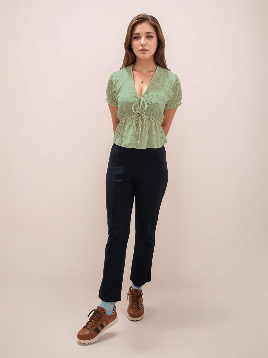 Zink London Women Green Textured V-Neck Half V-Blouses & Tops