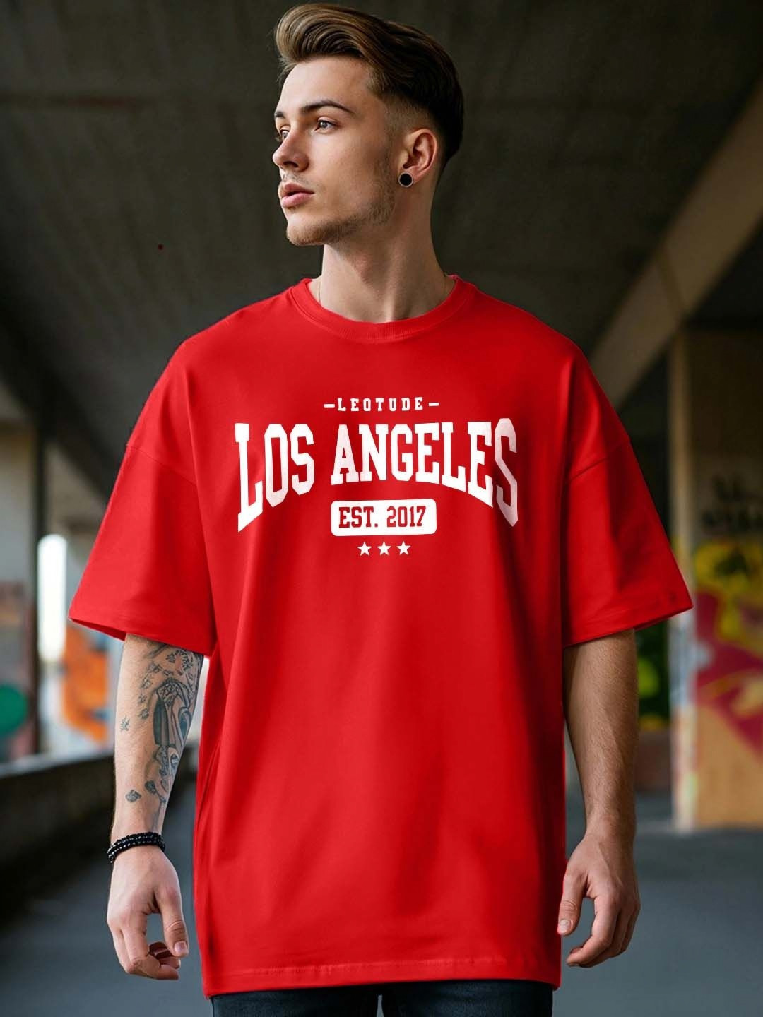 Leotude Typography Printed Drop Shoulder Half Sleeve Cotton Oversized Casual T-shirt