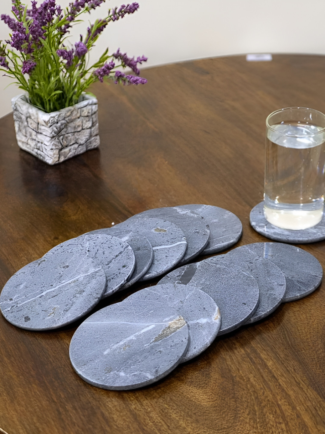Little Extra 12Pcs Grey Printed Marble Round Non-Slip Super-Slim Coasters