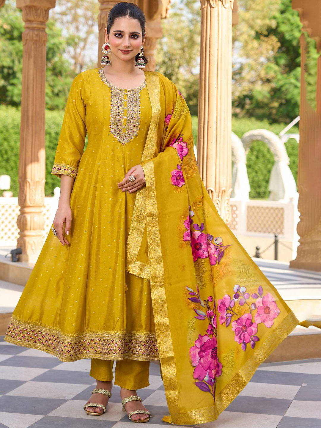 SHILL INTERNATIONAL Bandhani Printed Thread Work Anarkali Kurta With Trouser And Dupatta