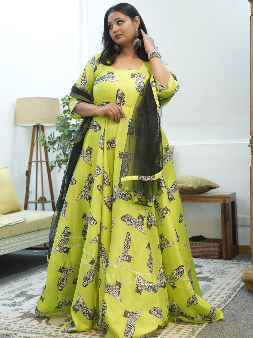 Swadeshi Shringaar Lime & Black Animal Silk Anarkali Set