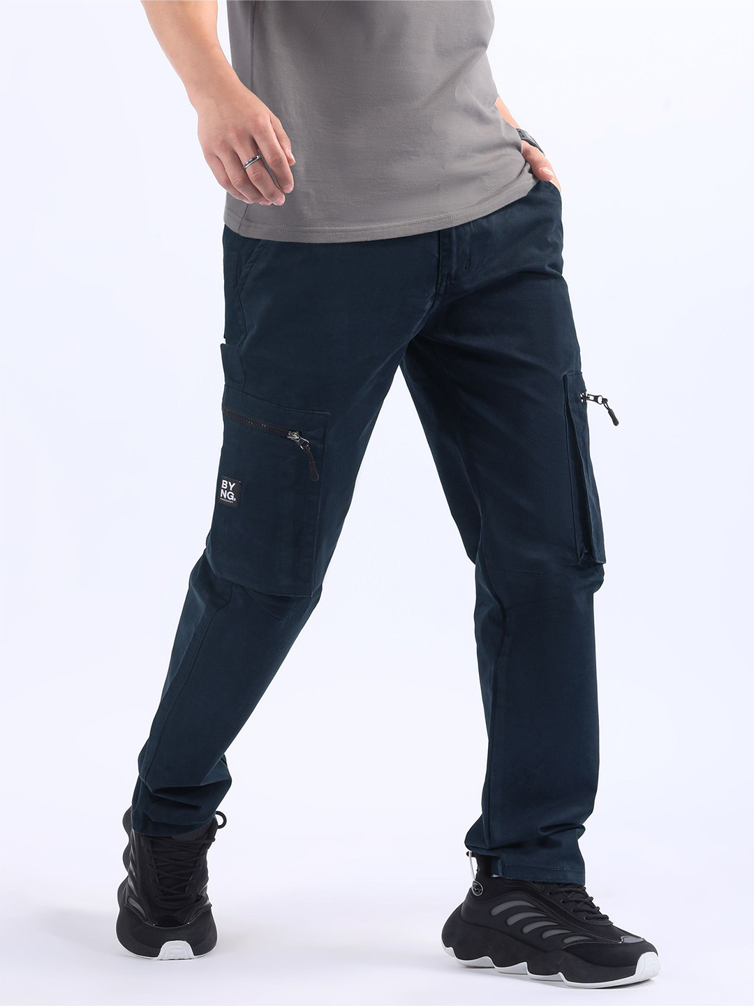 Beyoung Men Original Navy Slant Zipper Pocket Cargo Pants