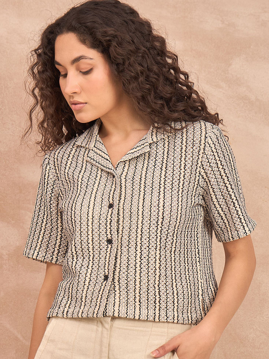 The Roadster  Cuban Collar Vertical Striped CasualShirt